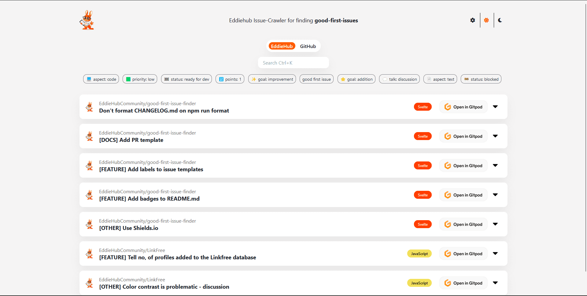 Good first issue crawler listing beginner-friendly issues from community repositories, each with labels and an Open in Gitpod button