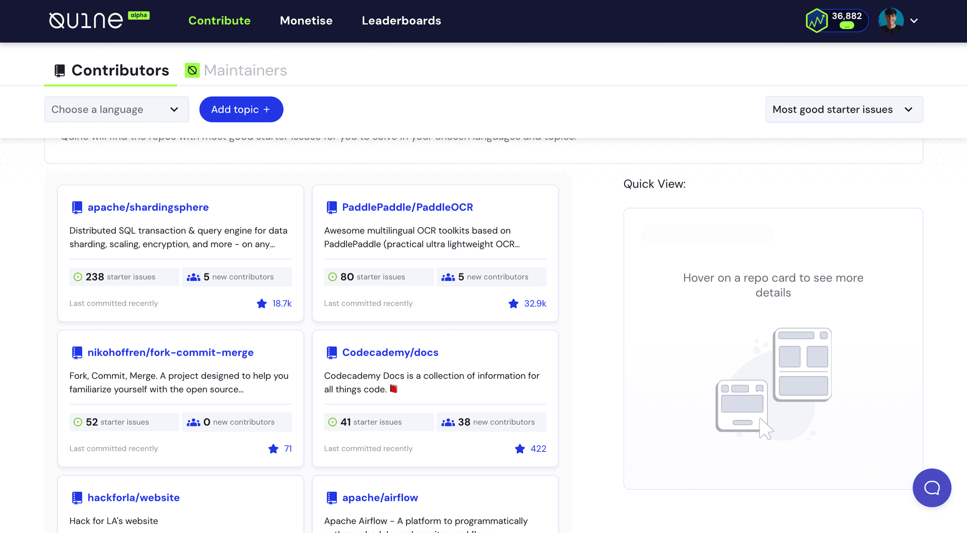 Quine contributor dashboard listing repositories ranked by how many good starter issues they have