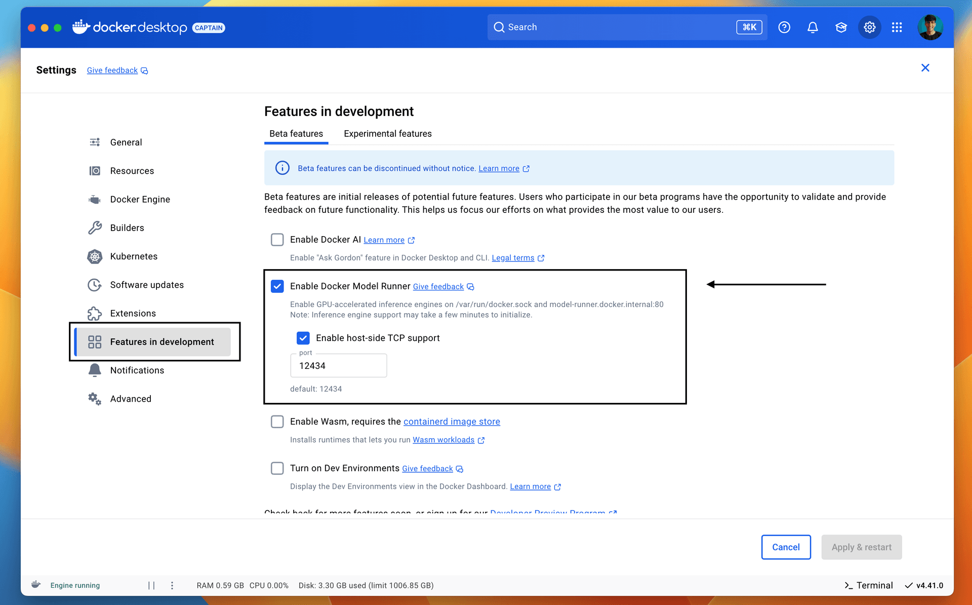 Docker Desktop settings under Features in development with Enable Docker Model Runner checked and host-side TCP support on