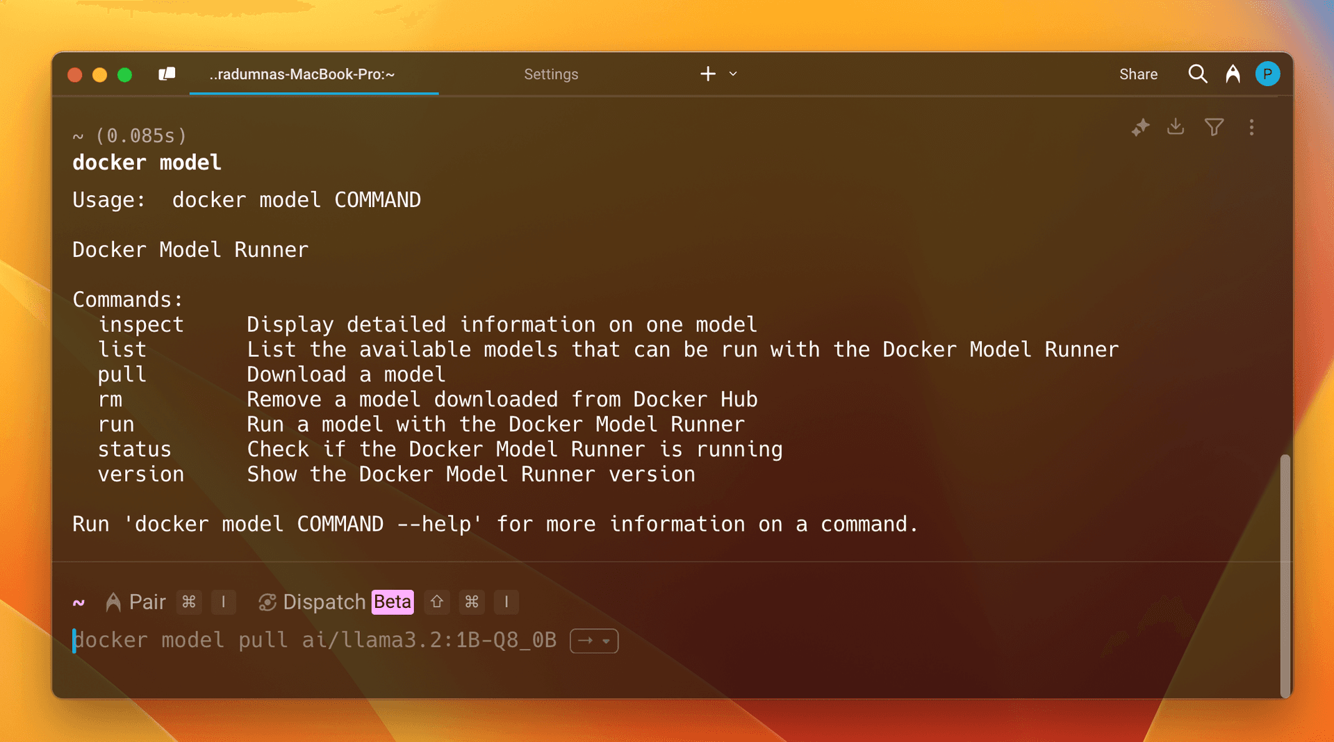 Terminal showing docker model help output listing the inspect, list, pull, rm, run, status and version subcommands