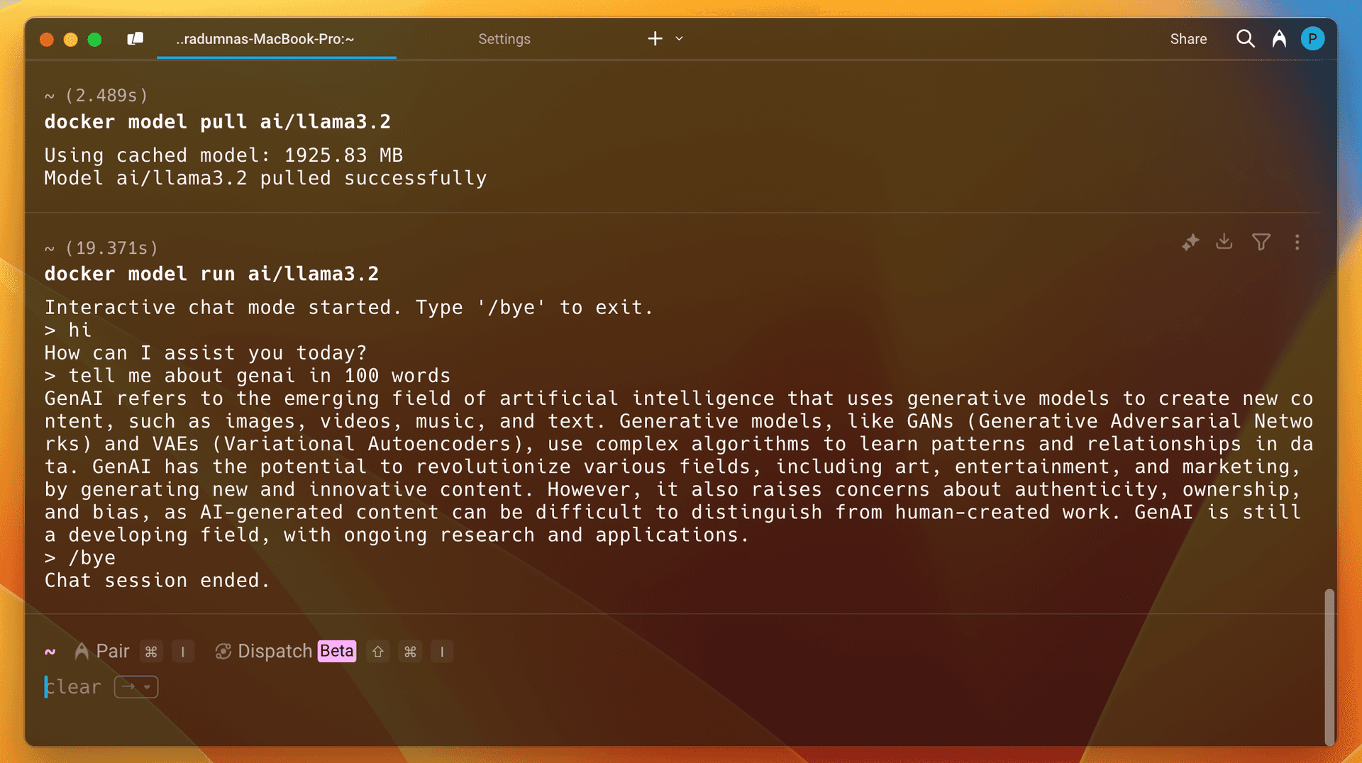 Terminal pulling a model then running docker model run to start an interactive chat and get a response from the local model