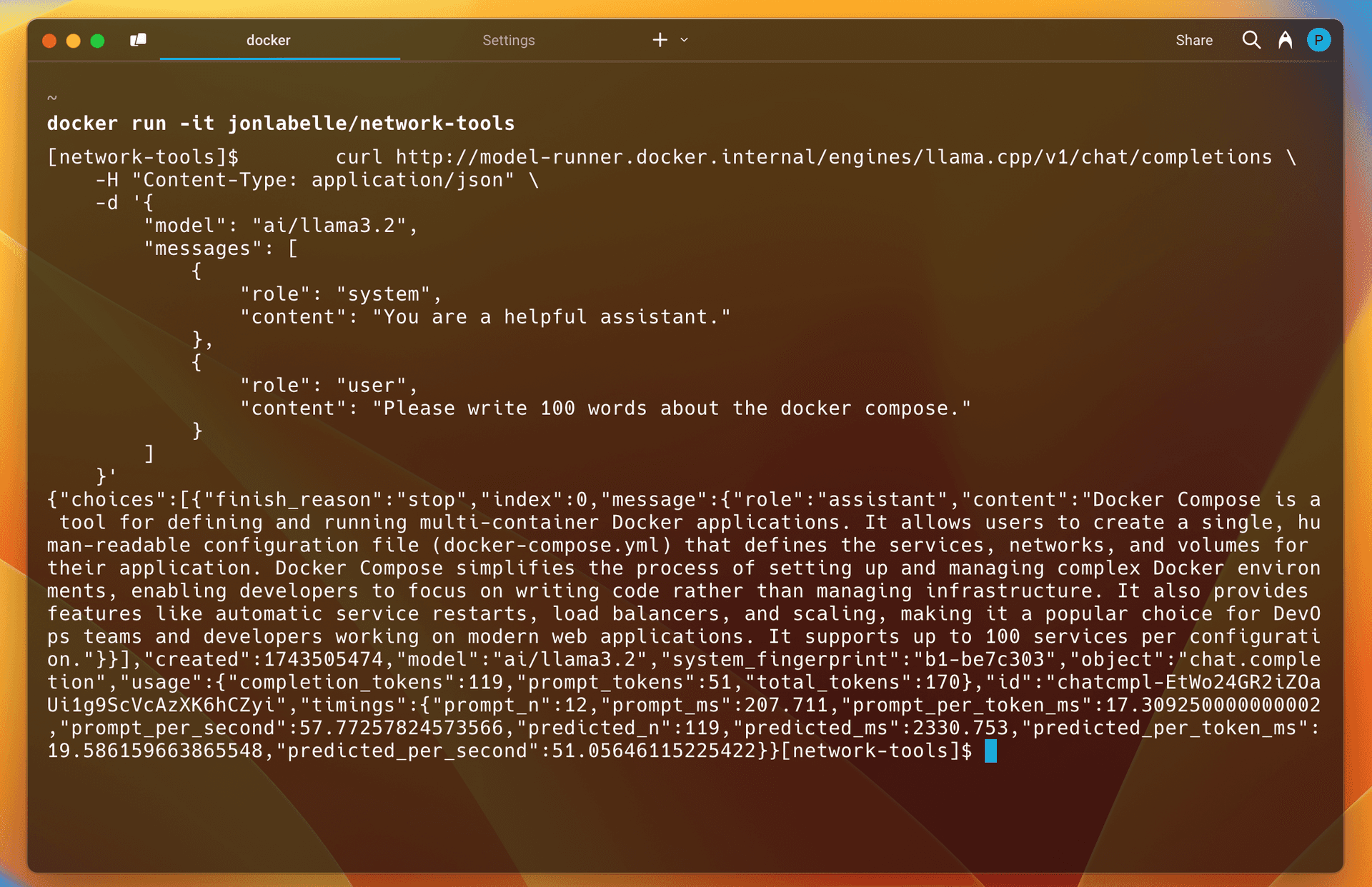 Terminal inside a container calling the Model Runner chat completions endpoint with curl and receiving a JSON response