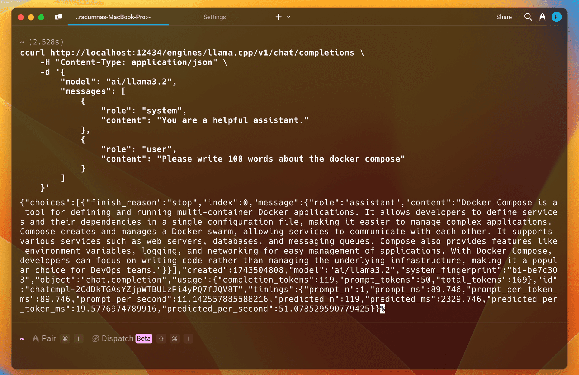 Terminal calling the Model Runner chat completions endpoint on localhost with curl and receiving a JSON response with token timings