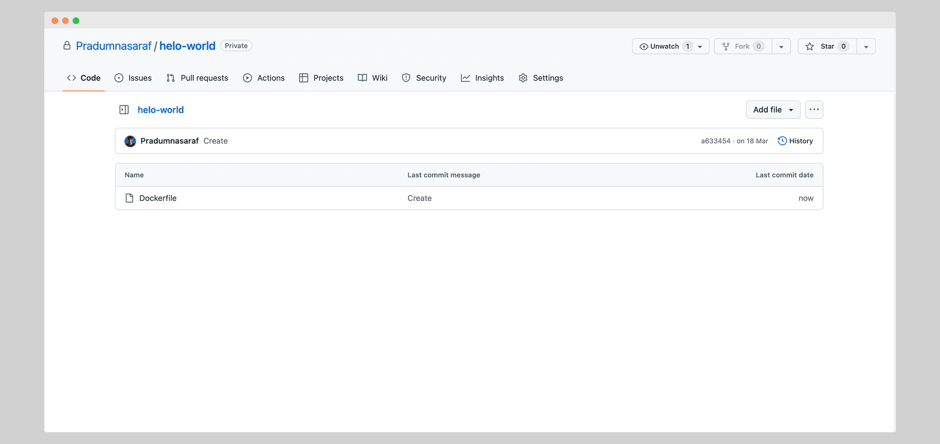 GitHub repository page for a hello-world project containing a single Dockerfile
