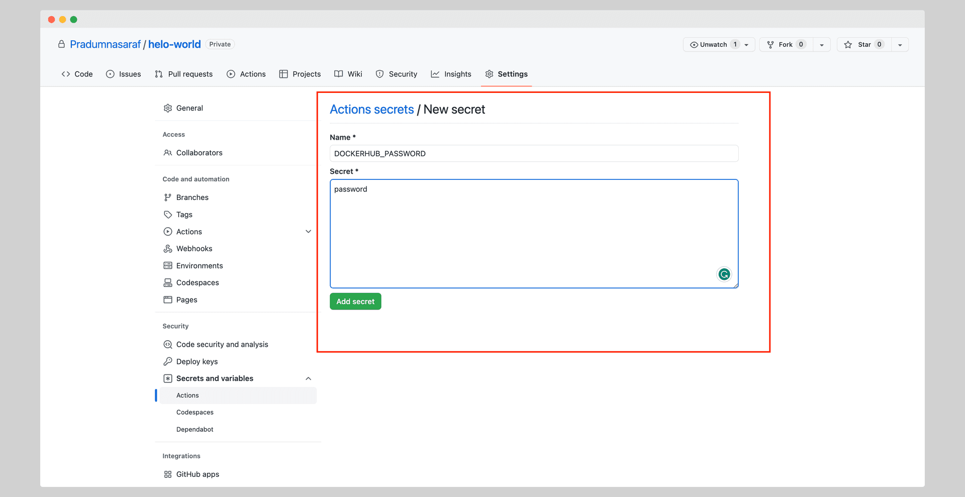 GitHub new Actions secret form with the name set to DOCKERHUB_PASSWORD and a value entered