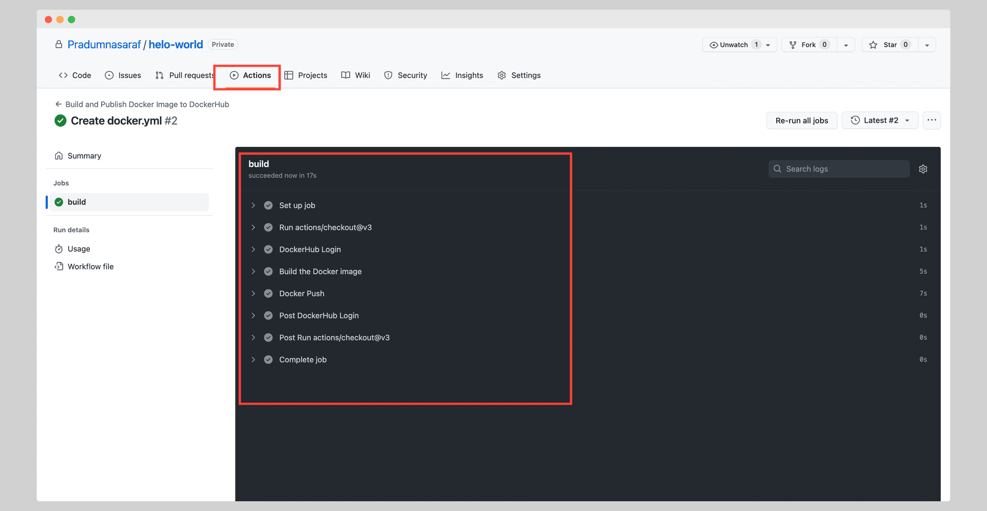 Successful GitHub Actions run with every build step green, including DockerHub Login, Build the Docker image and Docker Push