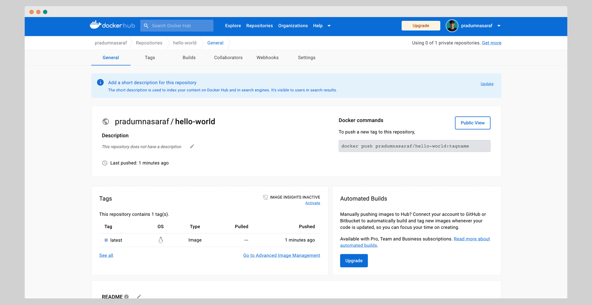 Docker Hub repository page for the pushed image showing the latest tag published a minute ago
