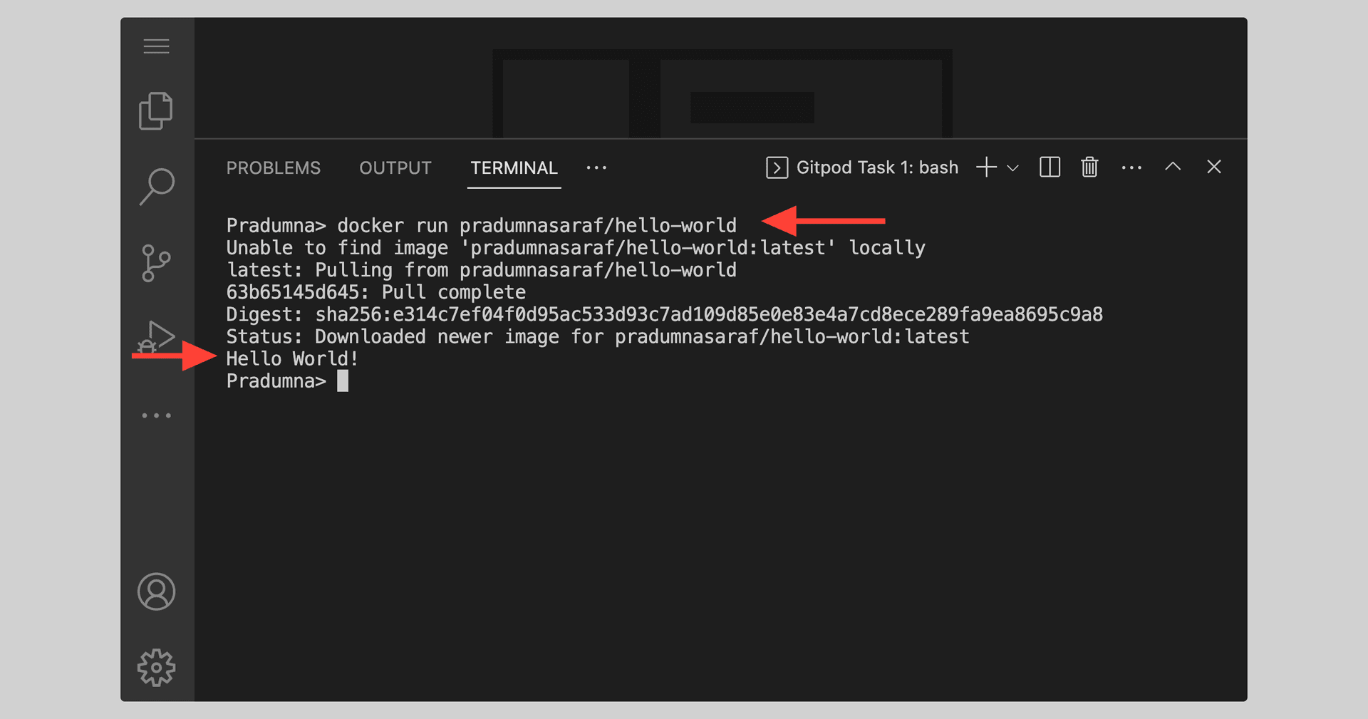 Terminal running docker run on the published Docker Hub image, pulling it and printing Hello World