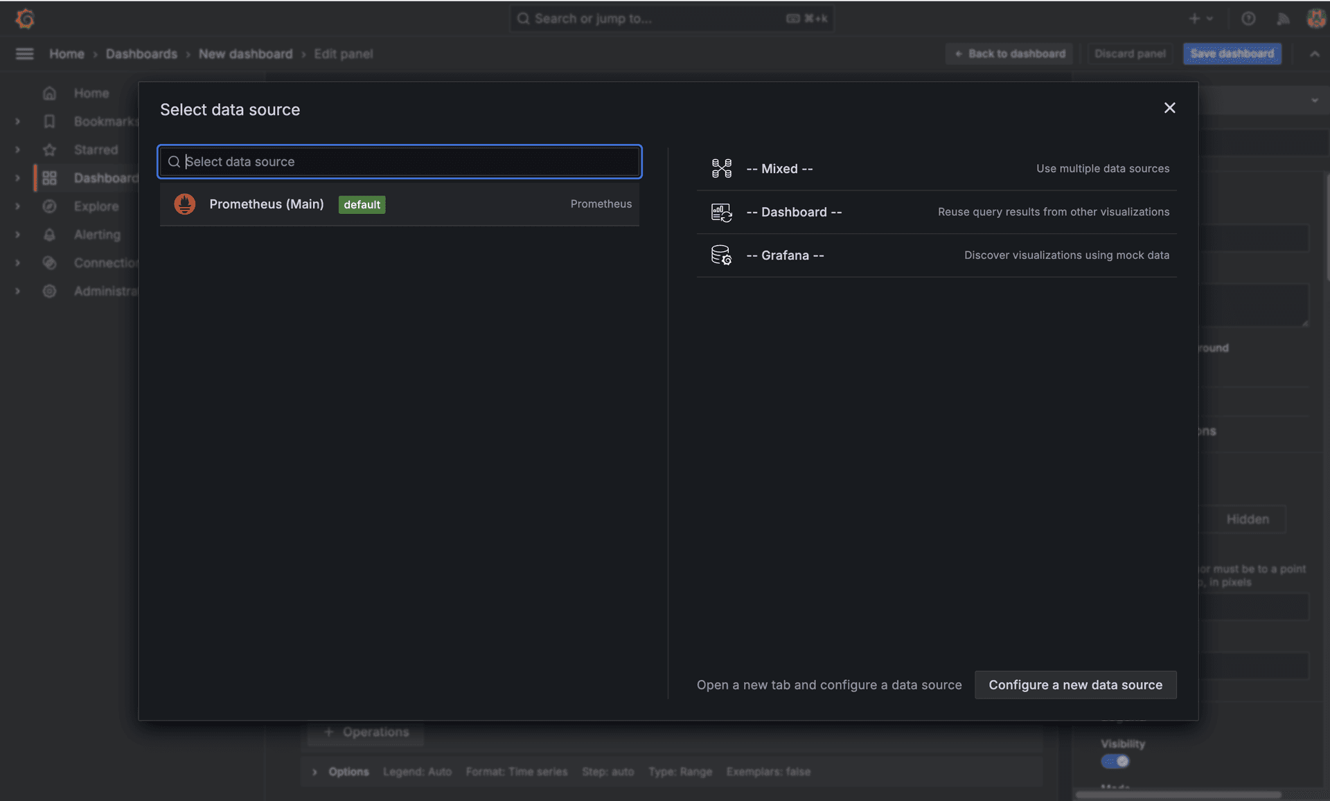 Grafana panel editor with the Select data source dialog open and Prometheus listed as the default