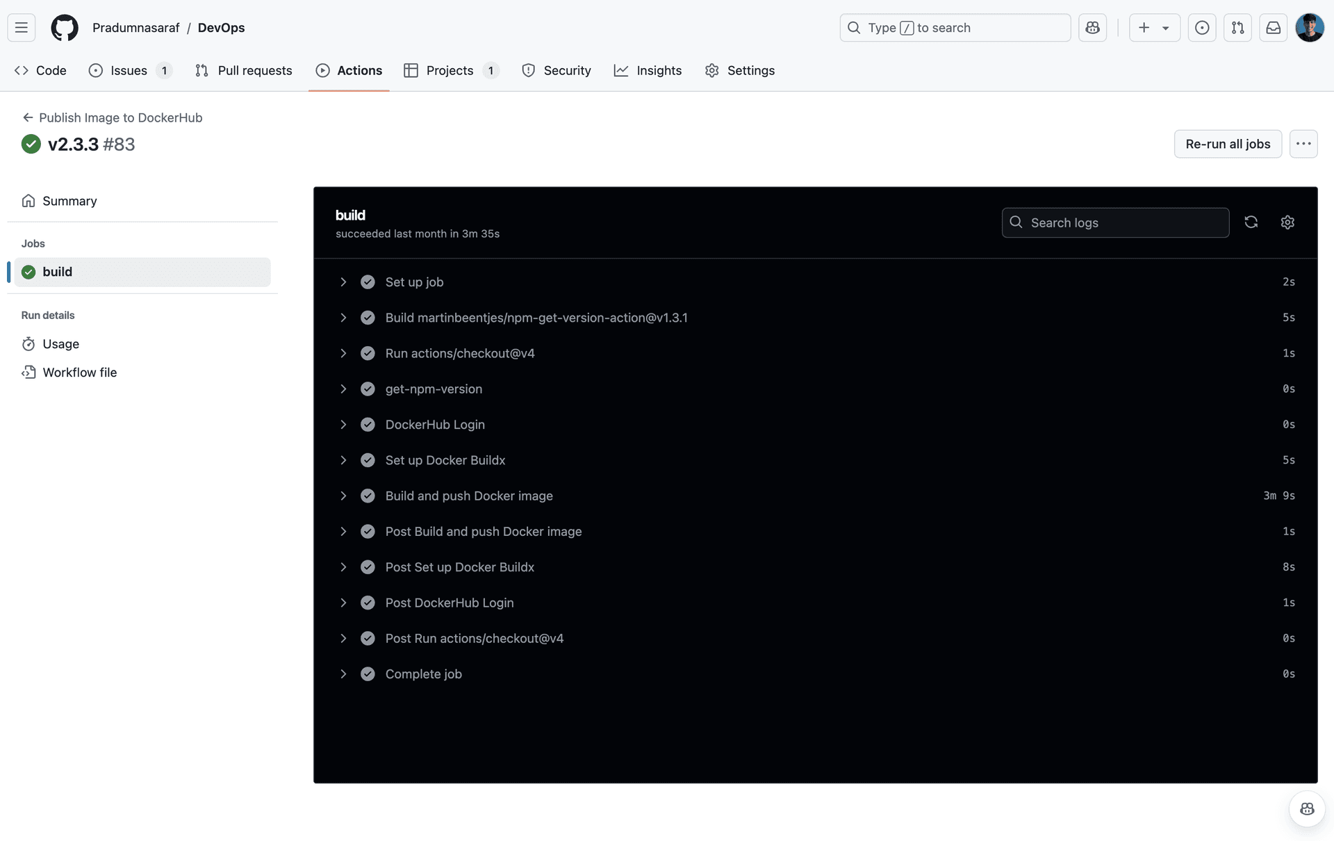 GitHub Action section