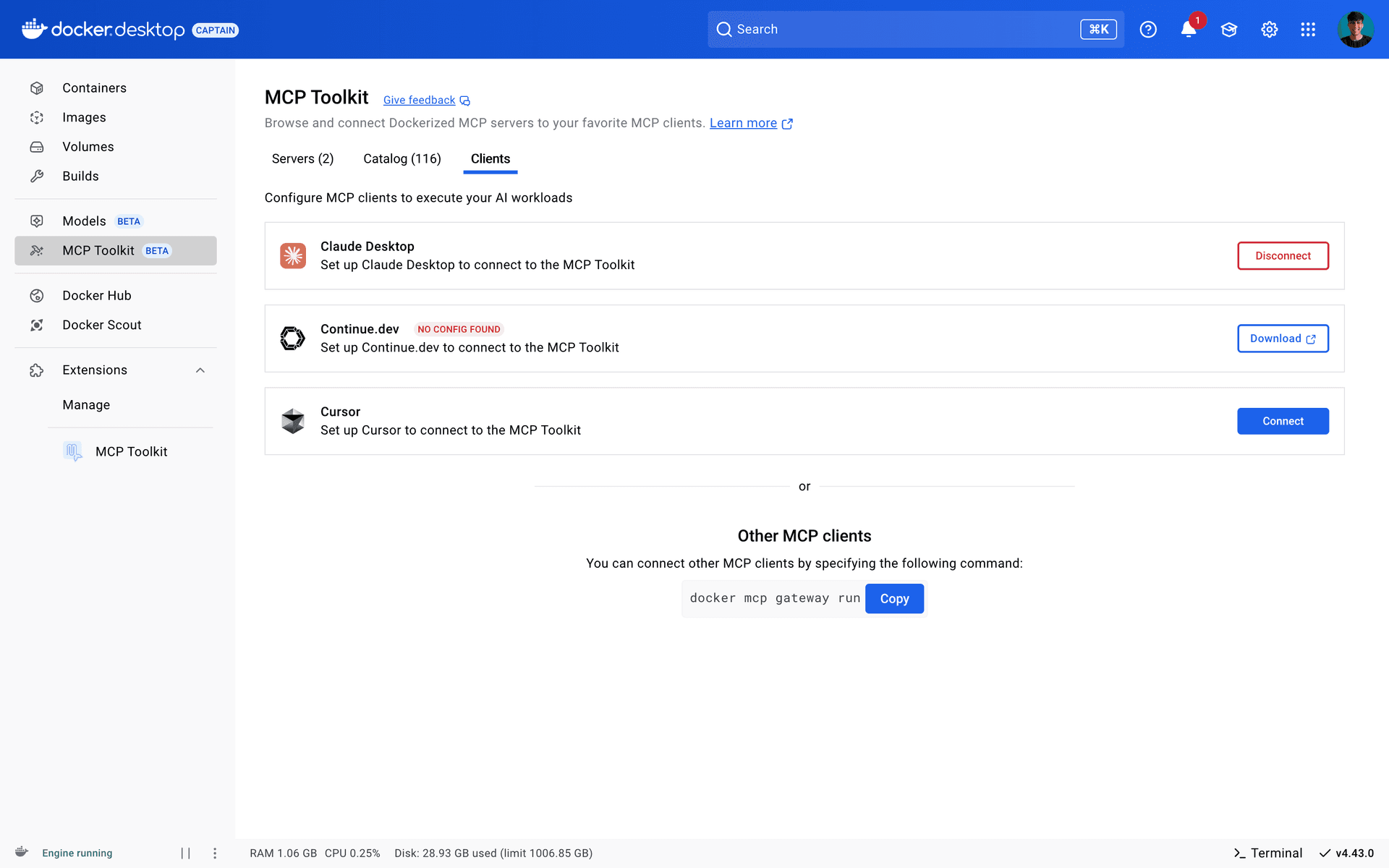MCP Toolkit Clients tab showing Claude Desktop connected, plus the docker mcp gateway run command offered for other clients