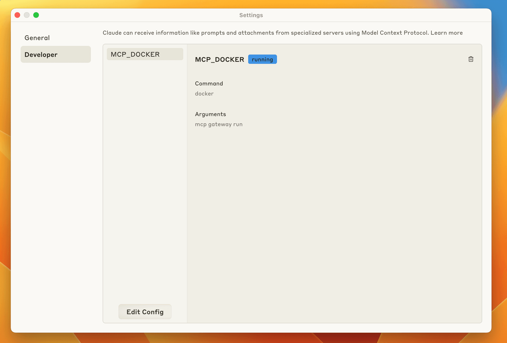 Claude Desktop developer settings showing the MCP_DOCKER server running with command docker and arguments mcp gateway run