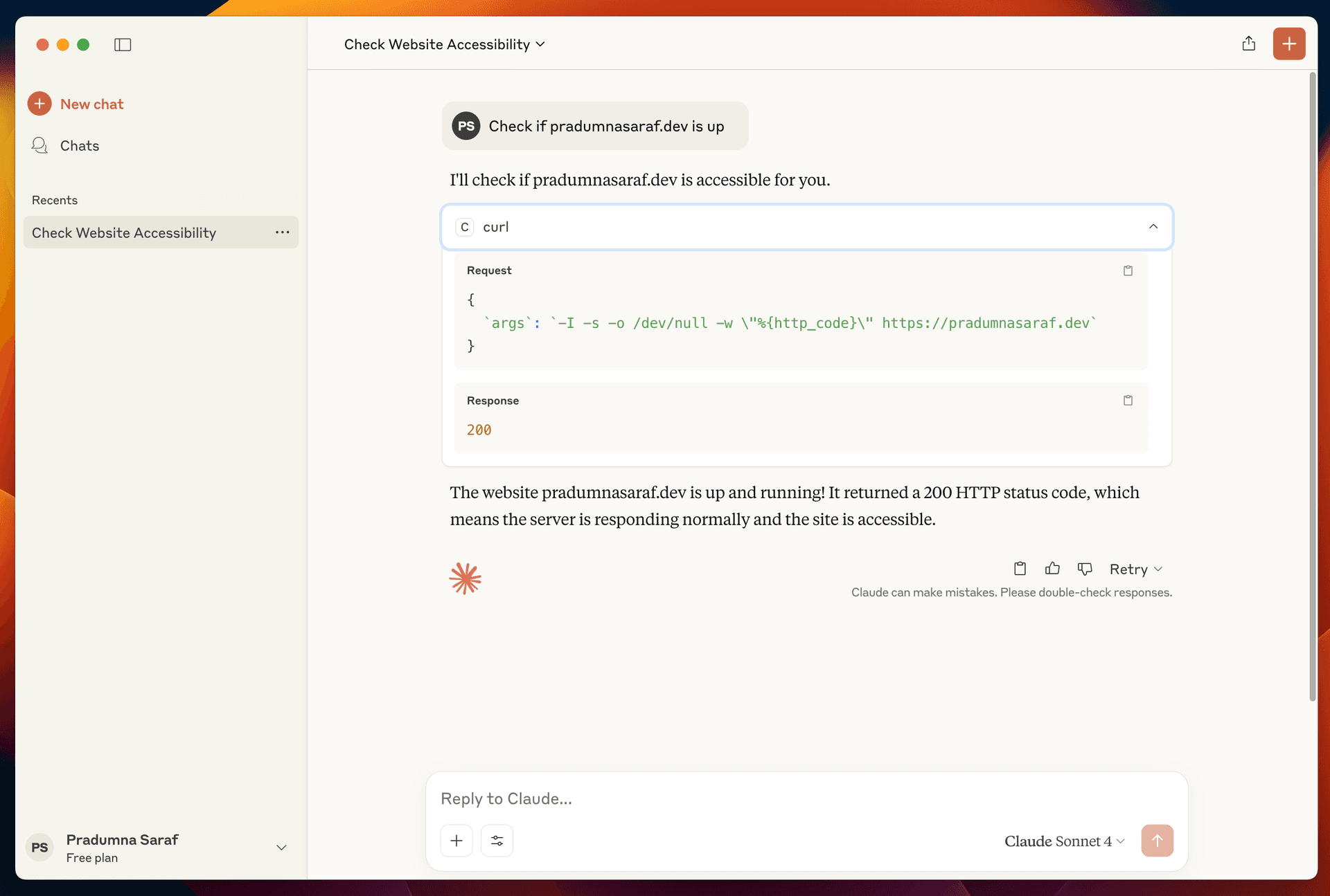 Claude Desktop calling the curl MCP tool to check whether a site is up, showing the request arguments and a 200 response
