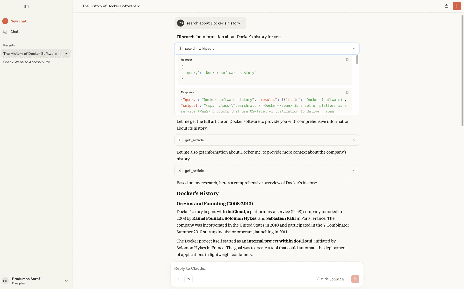 Claude Desktop chaining the search_wikipedia and get_article MCP tools to research Docker's history, then summarizing the findings