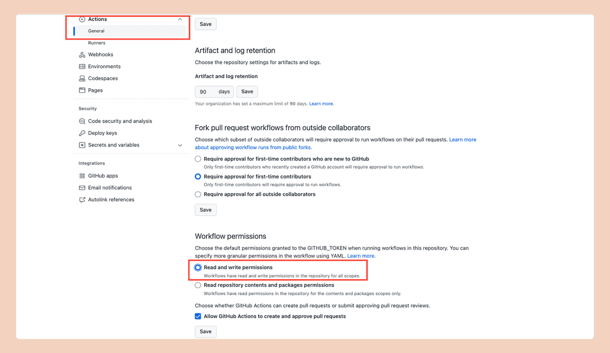 GitHub Actions general settings with Read and write permissions selected under Workflow permissions