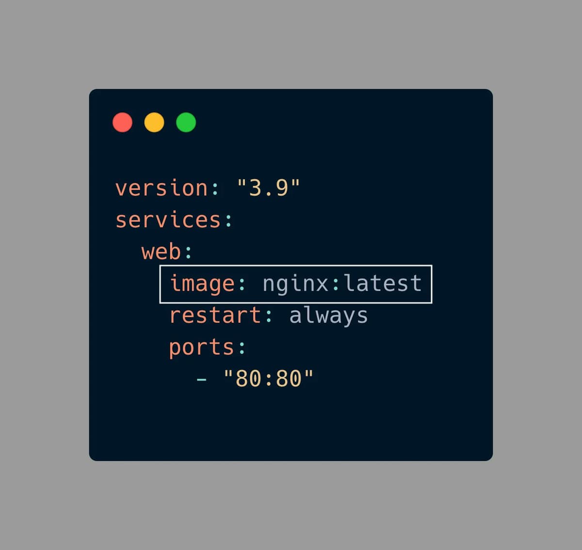 Compose file snippet with the image key highlighted, pinning the service to a specific image tag