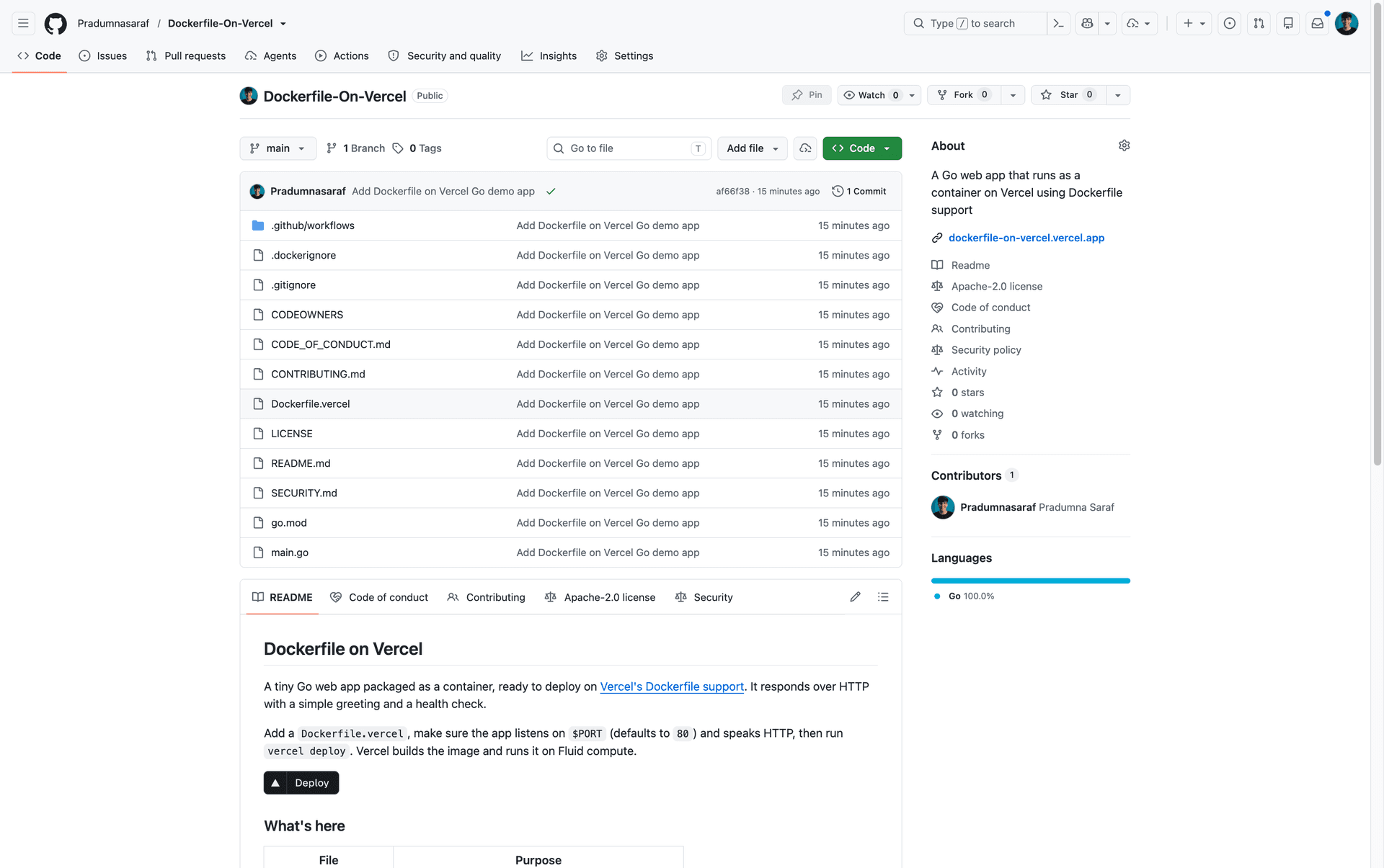 The Dockerfile-On-Vercel repository on GitHub, showing main.go, Dockerfile.vercel, and go.mod