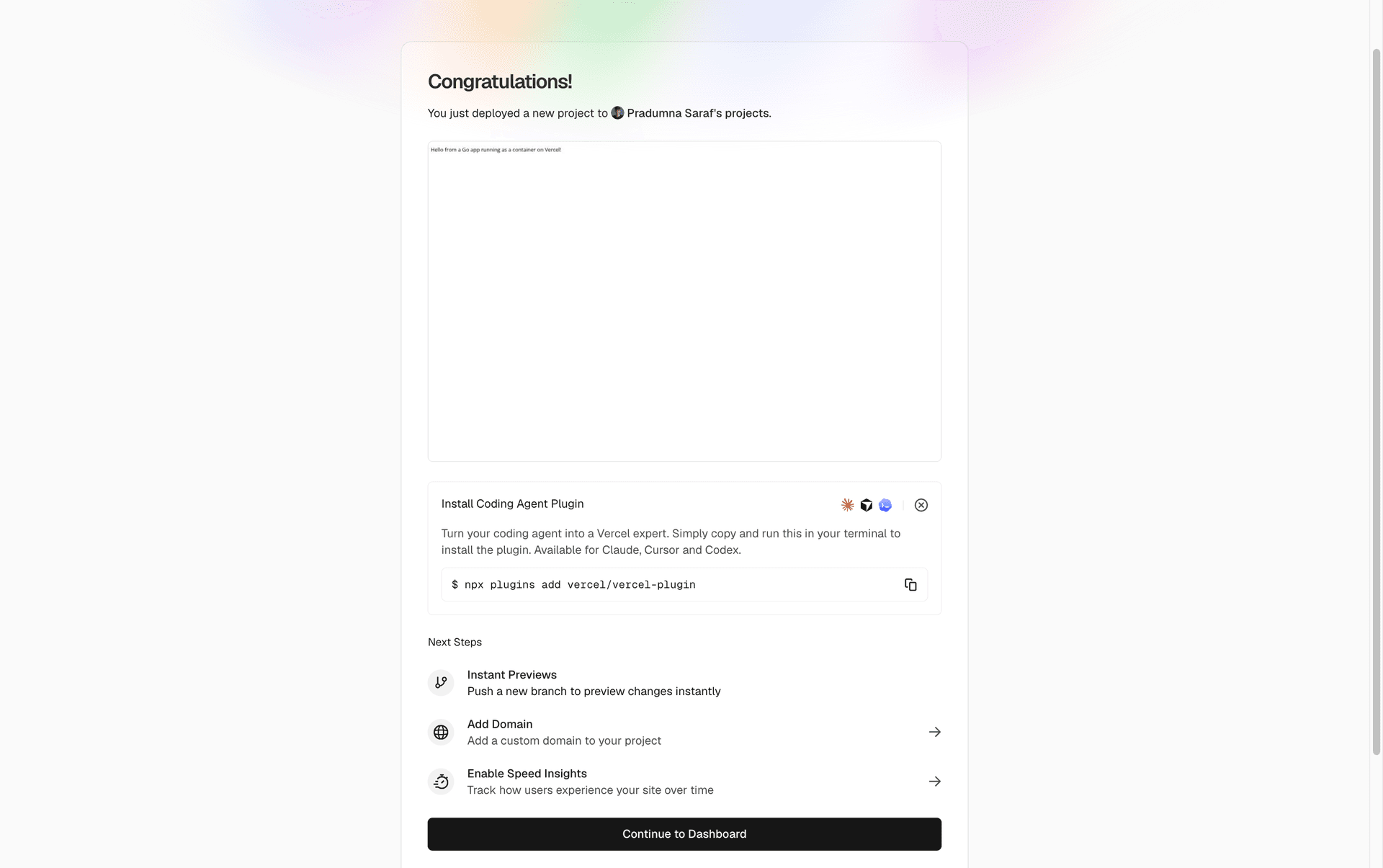 The deployment success screen with a Go to dashboard button