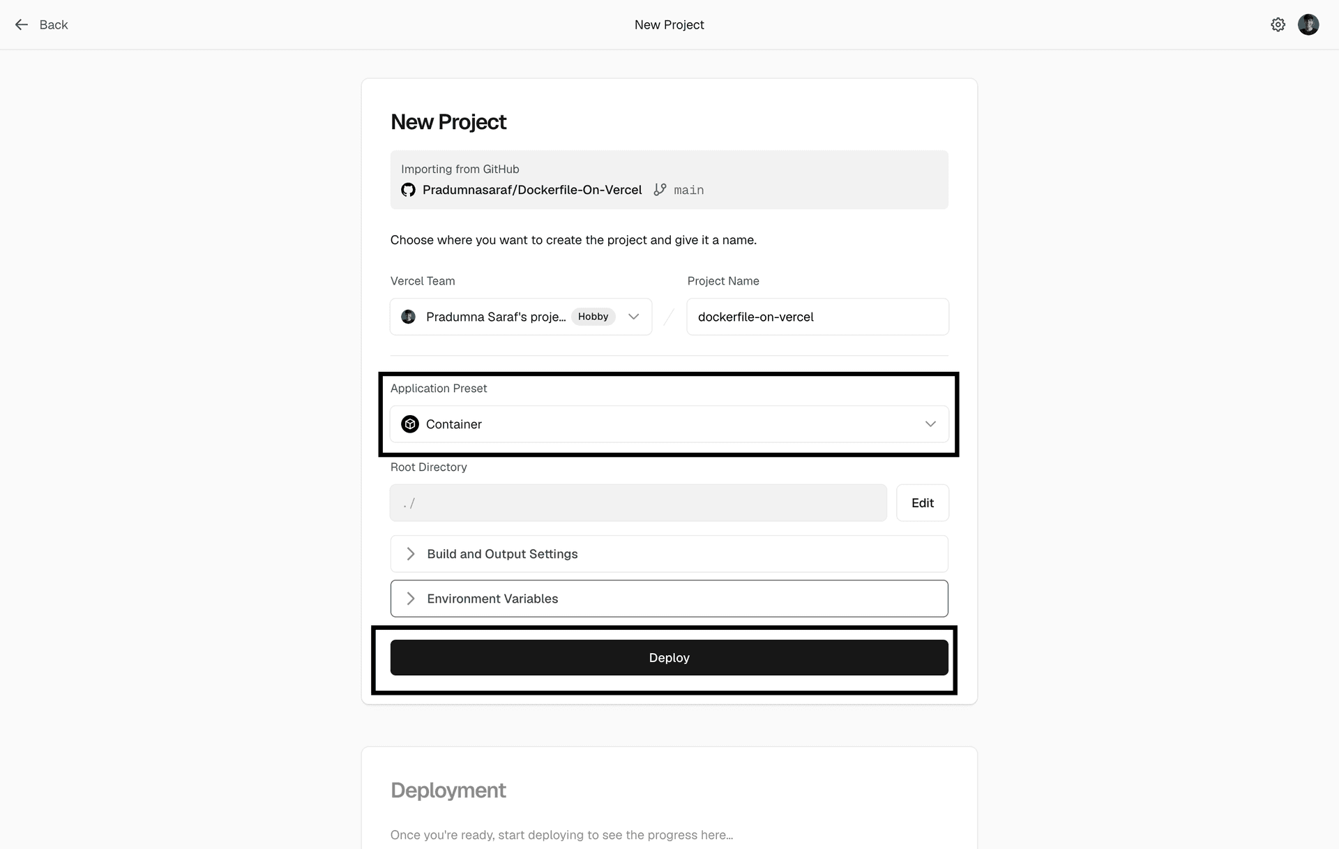 The New Project screen with the Application Preset automatically set to Container and the Deploy button highlighted