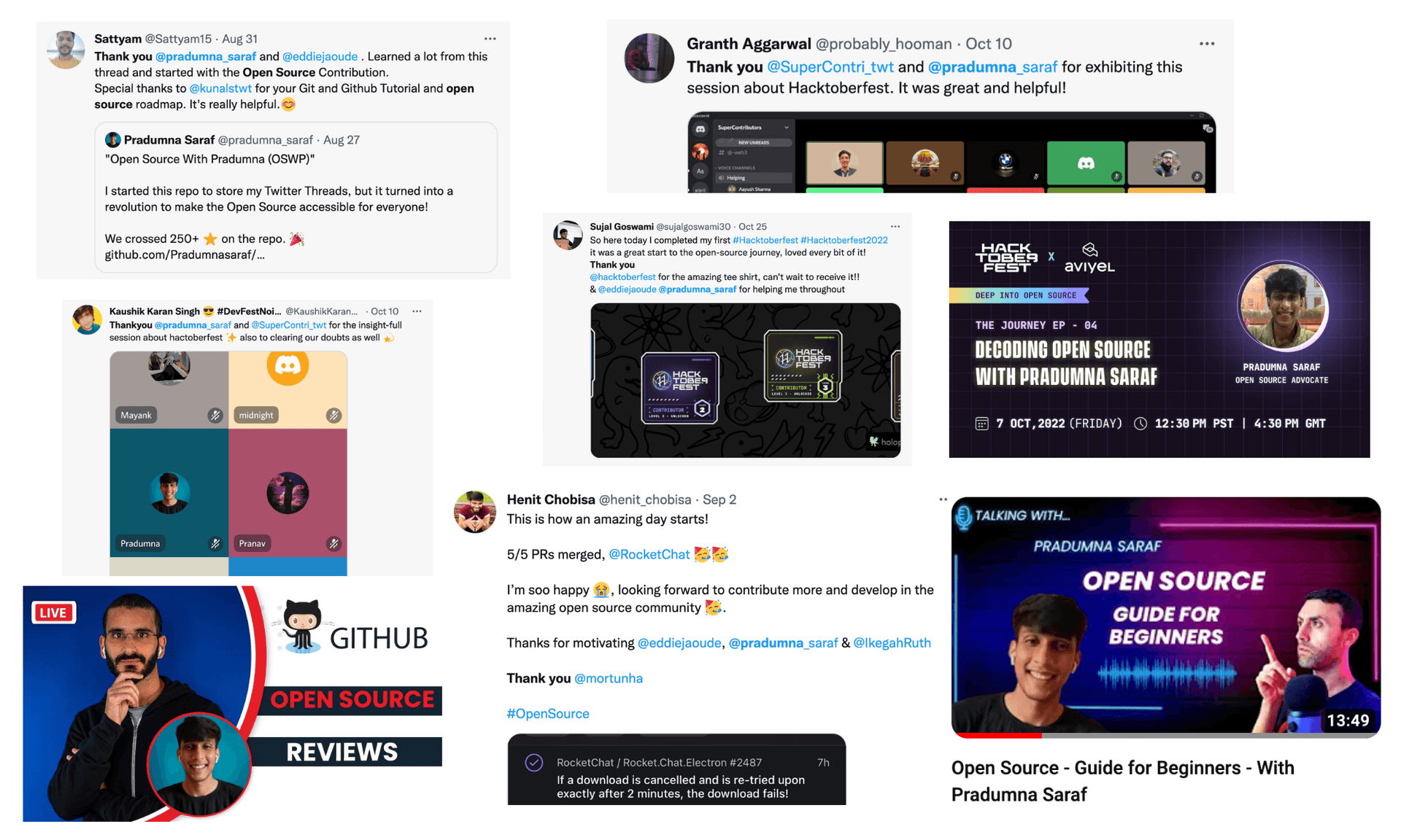 Collage of social media posts, event banners and video thumbnails from open source community work and Hacktoberfest sessions