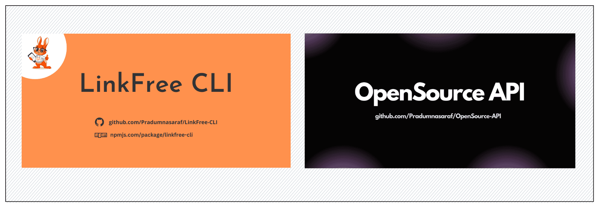 Two project banners side by side, one for LinkFree CLI and one for OpenSource API, each with its GitHub link