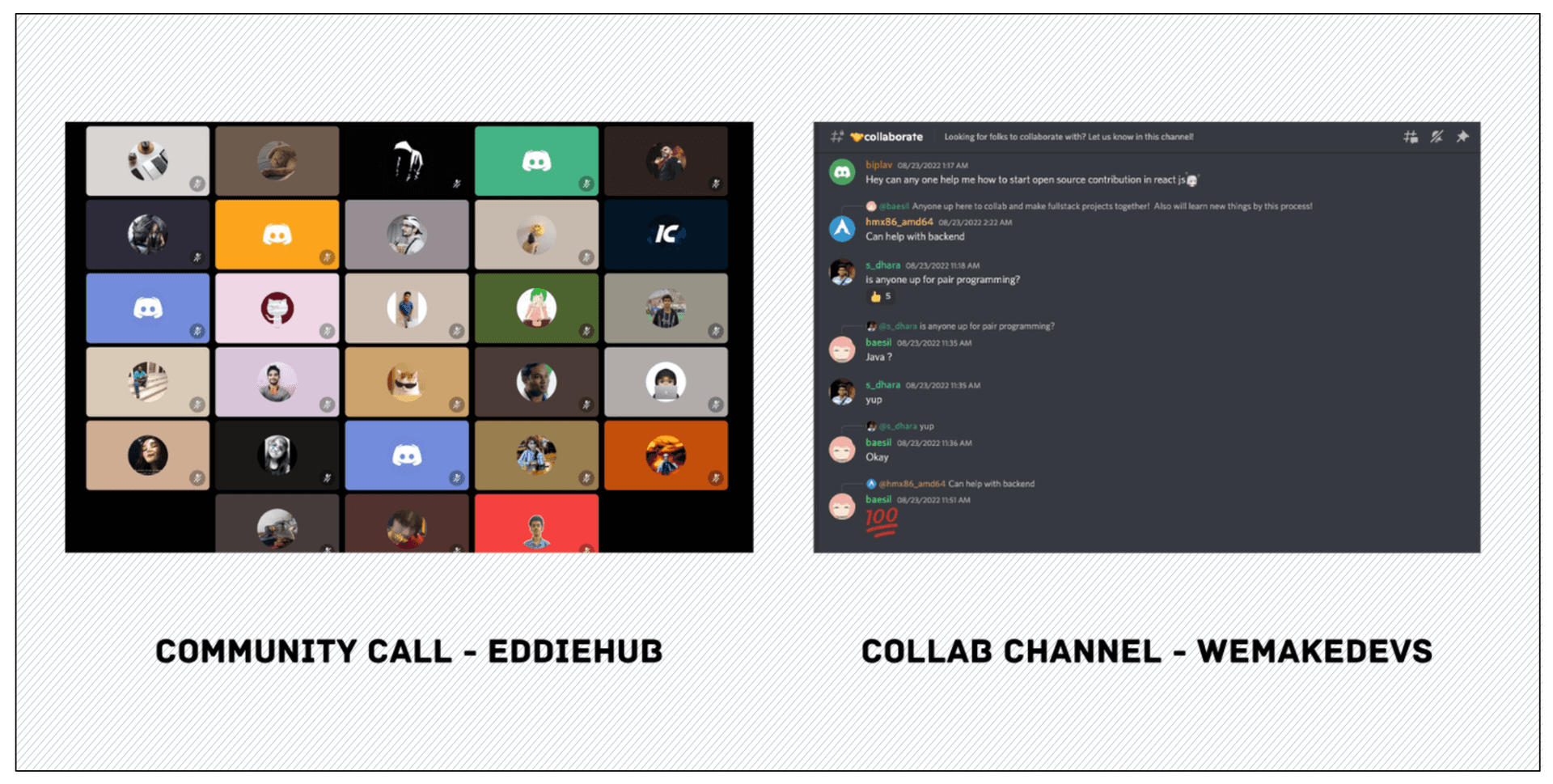 Screenshots of a community video call grid and a Discord collaboration channel where members offer to pair up on projects