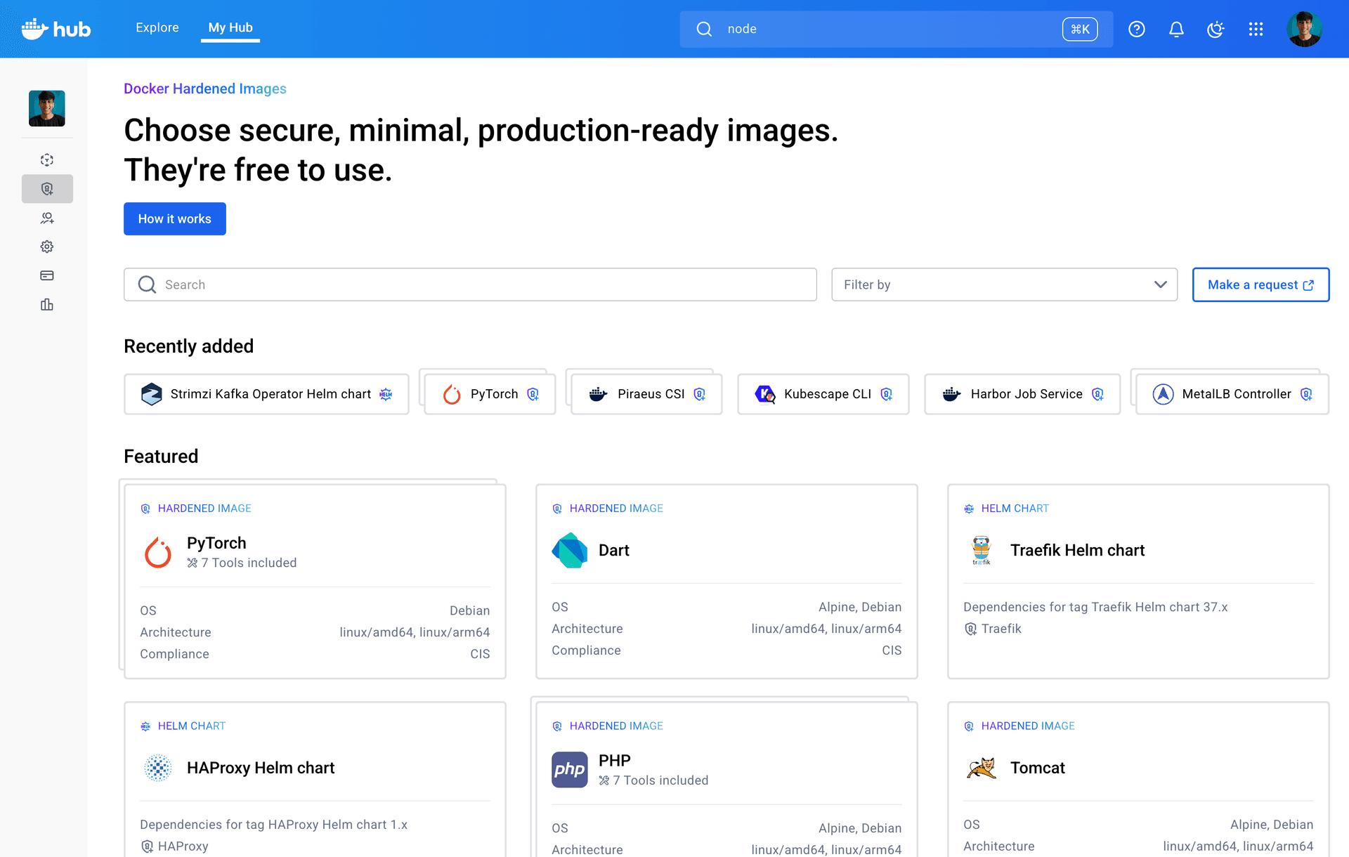 Docker Hub Hardened Images catalog listing recently added and featured hardened images with their OS, architecture and compliance
