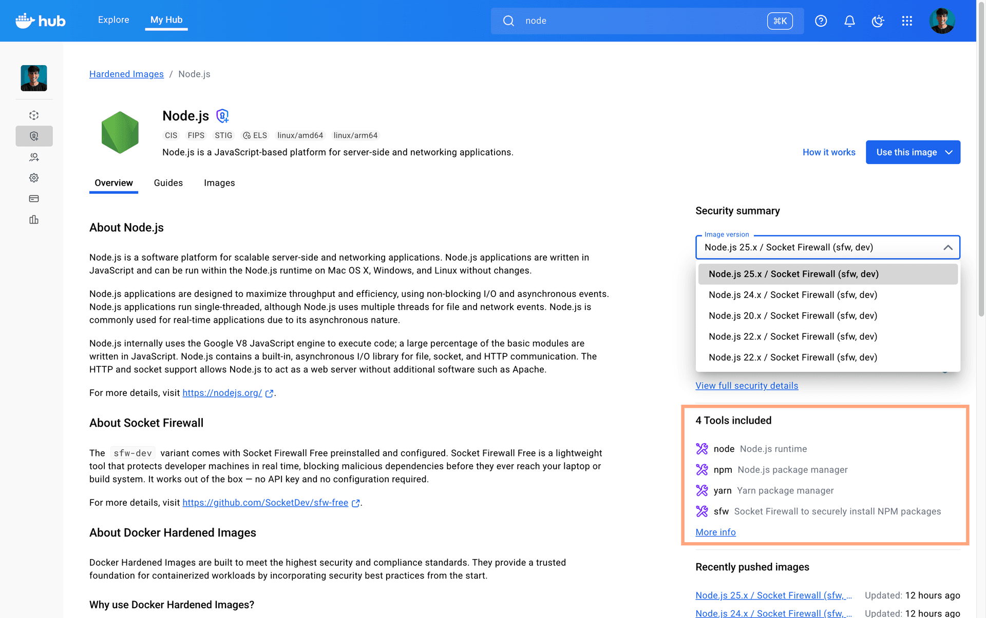 Docker Hub page for a hardened Node.js image, with the image version picker open and the included tools panel highlighted