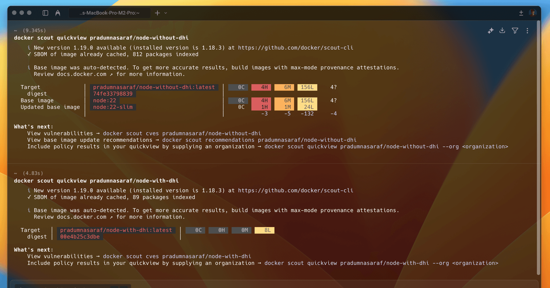 Two docker scout quickview runs side by side, the image without a hardened base showing many vulnerabilities and the hardened one showing none