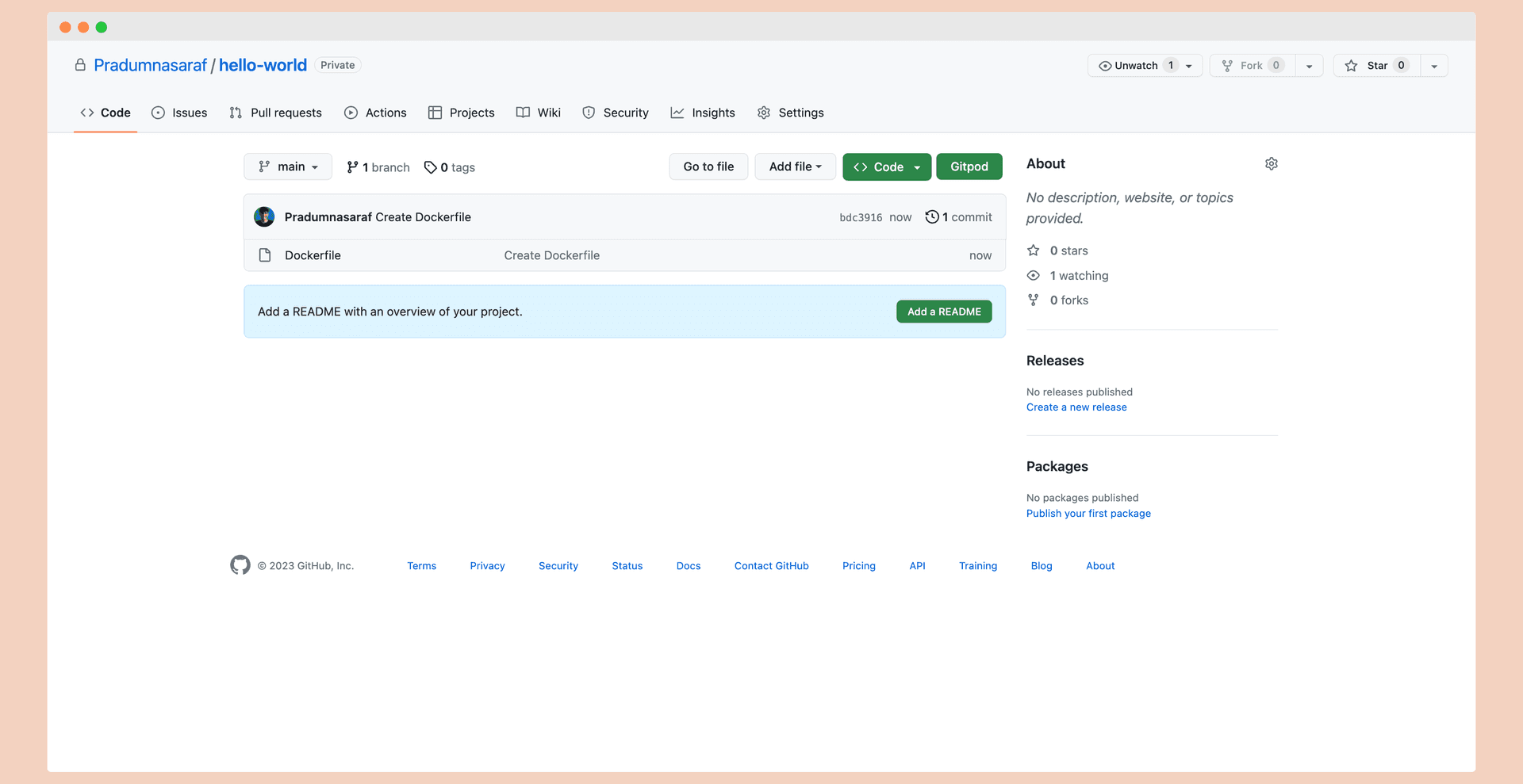 GitHub repository page for a hello-world project with a single Dockerfile and no packages published yet