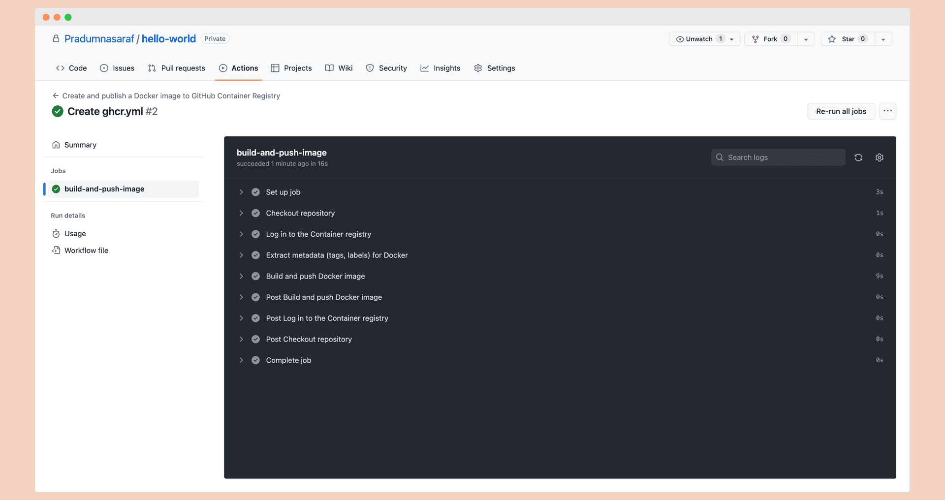 Successful GitHub Actions run of the build-and-push-image job, with the registry login, metadata and push steps all green