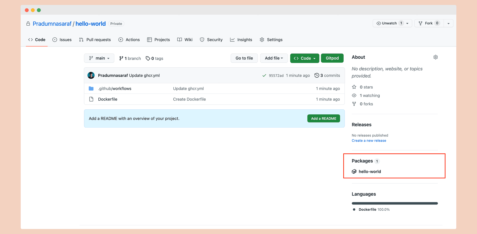 GitHub repository page after the workflow run, with the new hello-world entry highlighted in the Packages sidebar