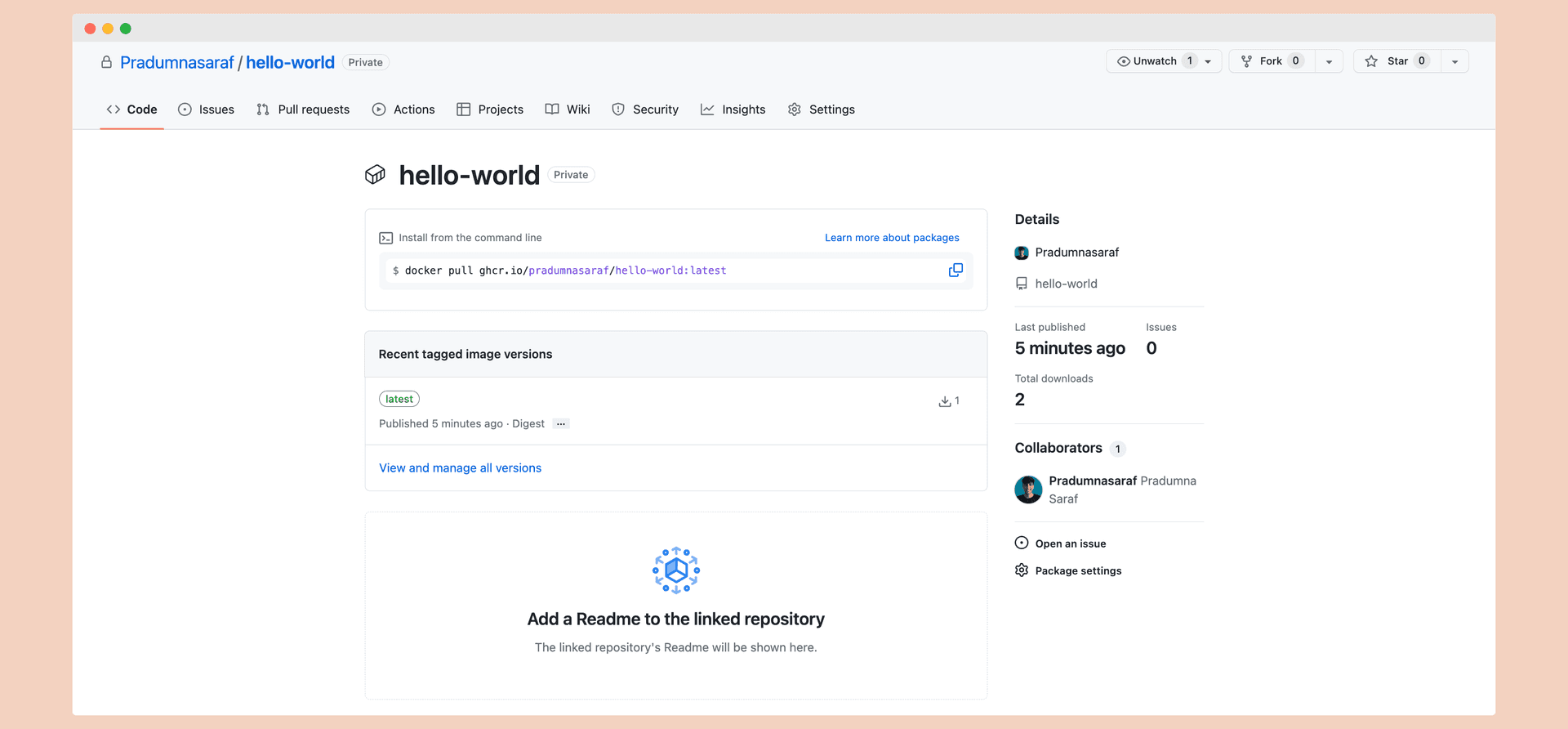 GitHub package page for the published image showing the docker pull command and the recently published latest tag