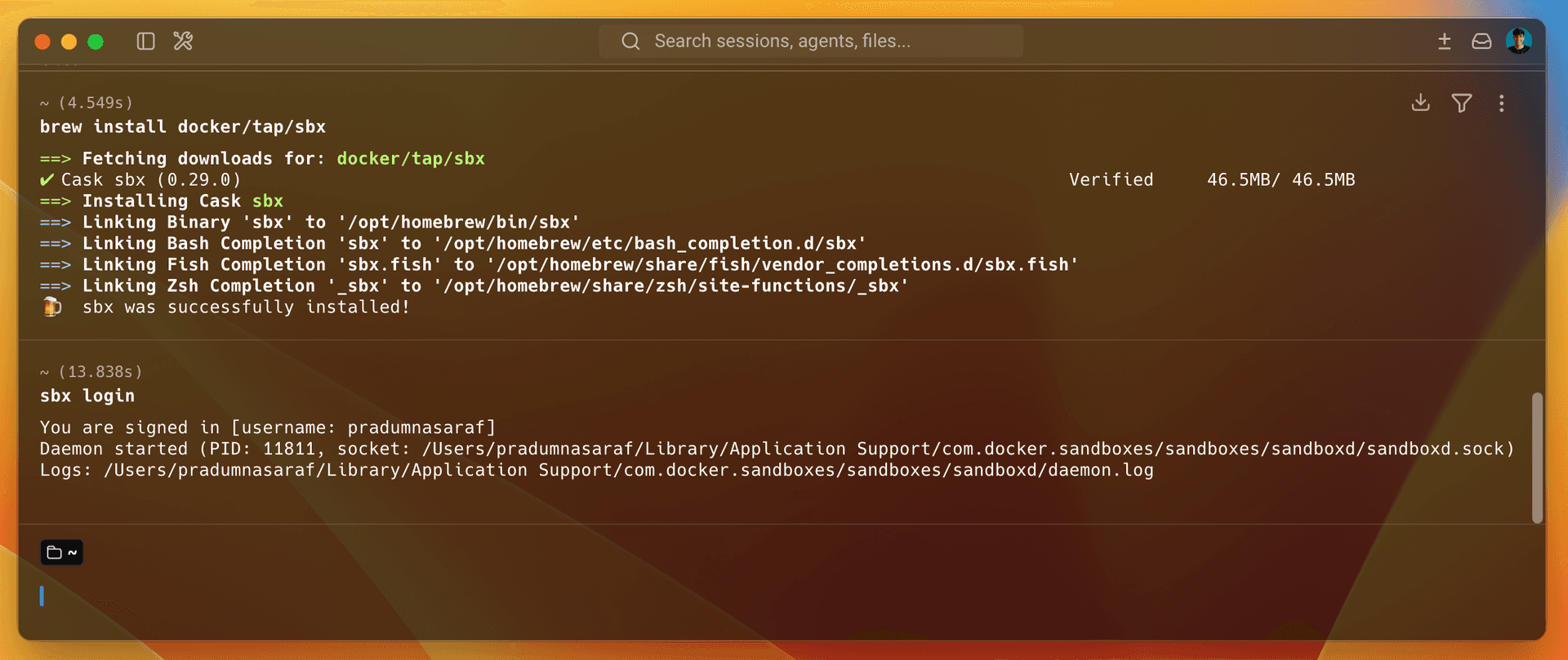 Terminal showing brew install of the sbx CLI, then sbx login reporting the signed-in user and a started daemon