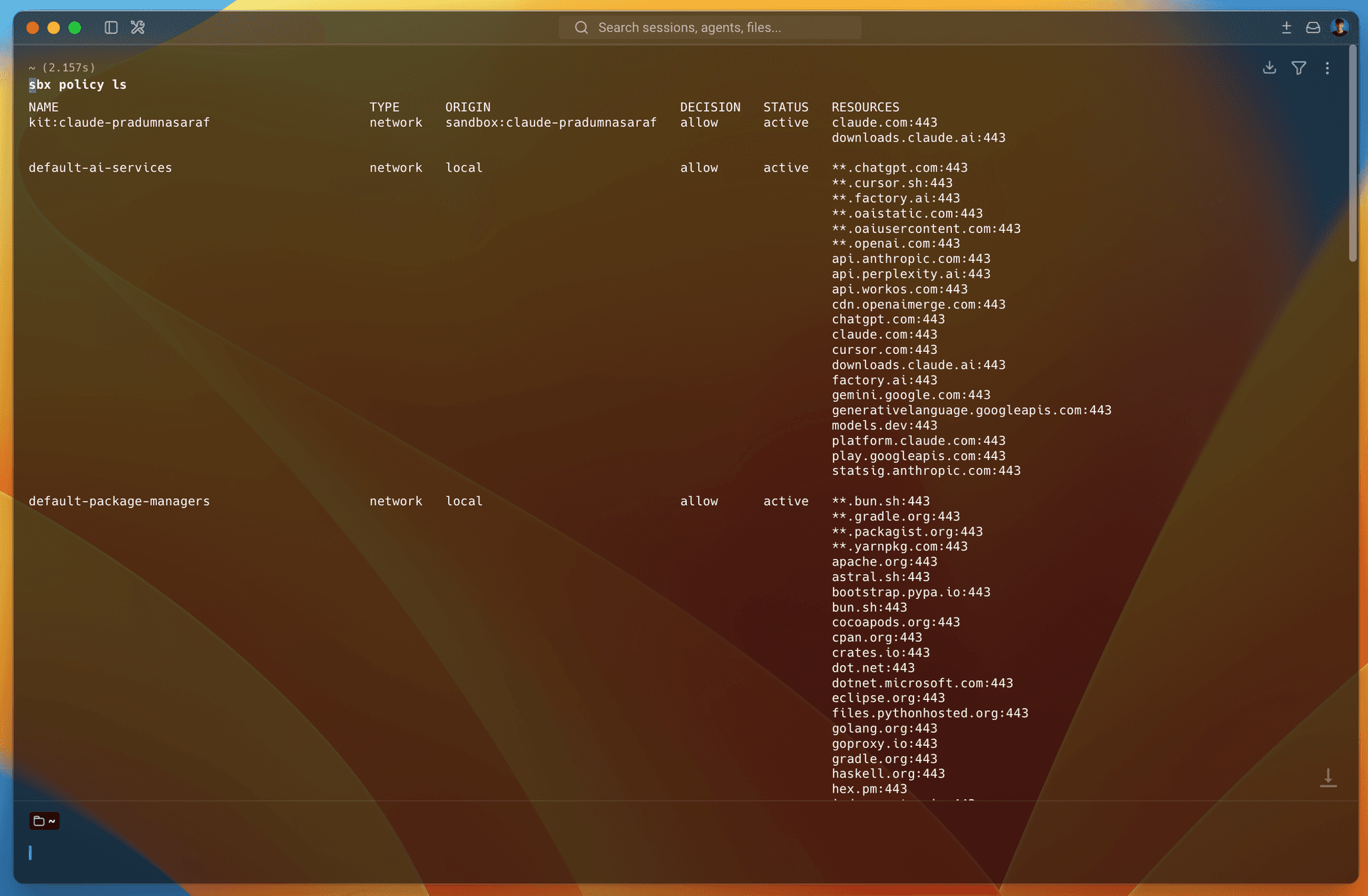 sbx policy ls printing a table of active network policies with the AI service and package manager domains each one allows