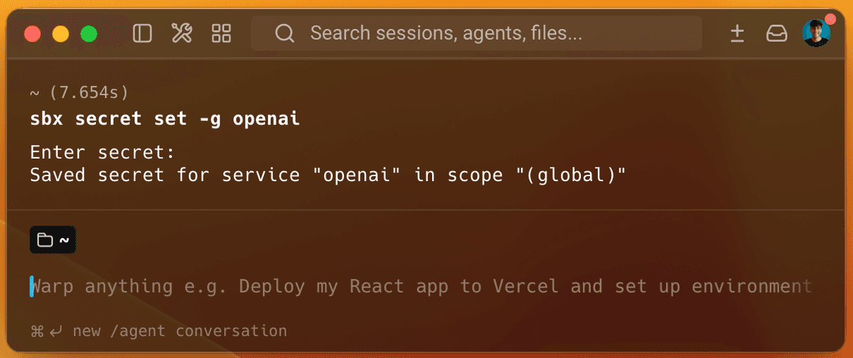 sbx secret set prompting for a secret and confirming it was saved for the openai service in global scope