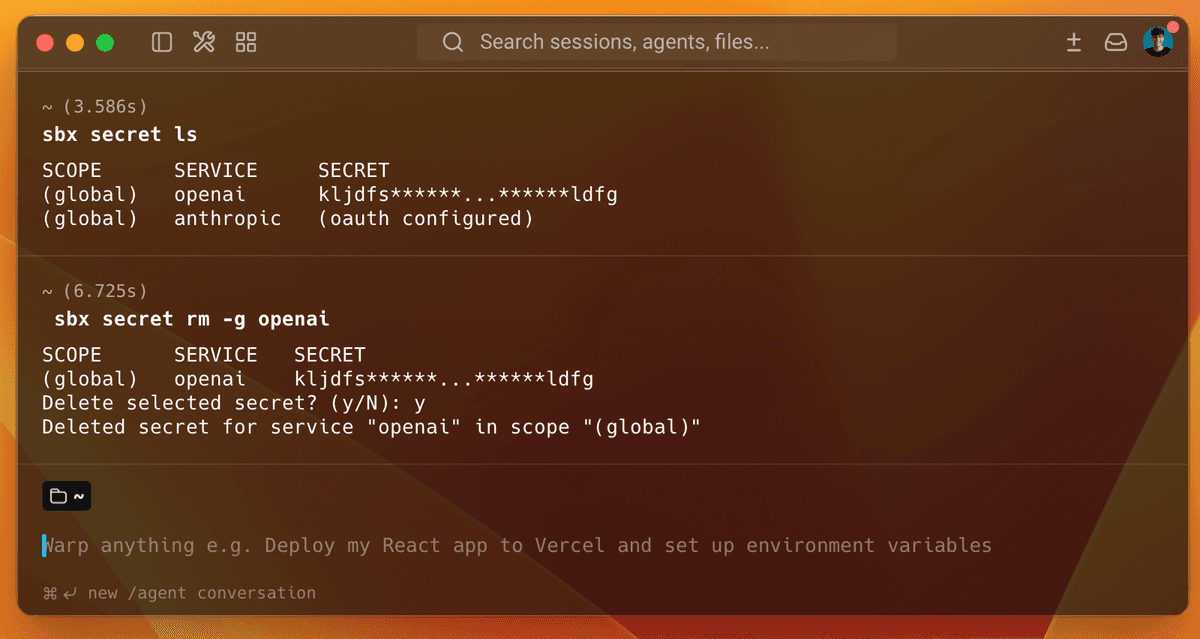 sbx secret ls listing masked openai and anthropic credentials, then sbx secret rm deleting the openai one after a confirmation