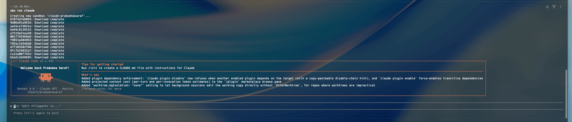 sbx run claude downloading the agent image layers and opening the Claude Code welcome screen inside the sandbox