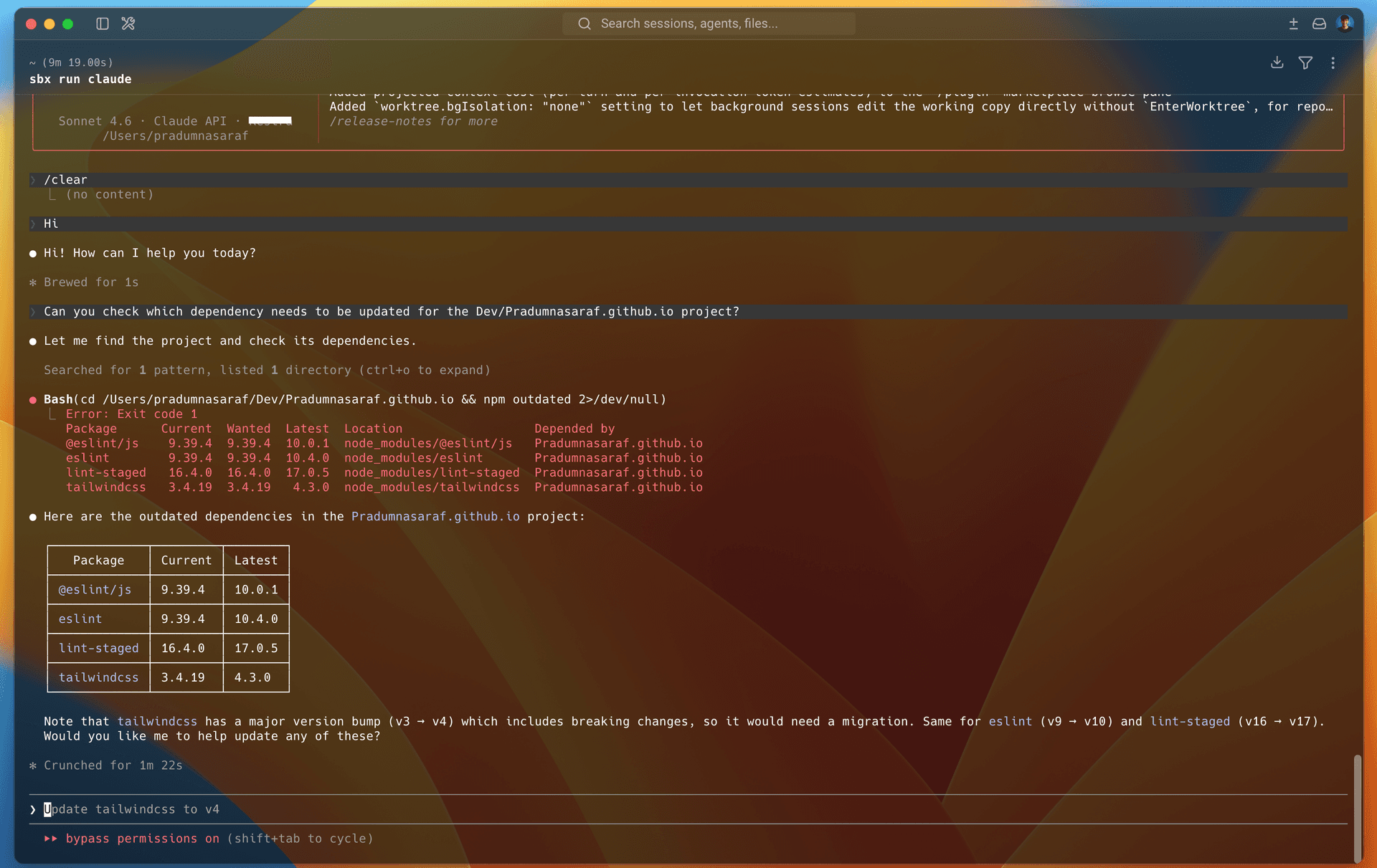 Claude Code running in the sandbox, answering a prompt about outdated dependencies with a table of current and latest package versions