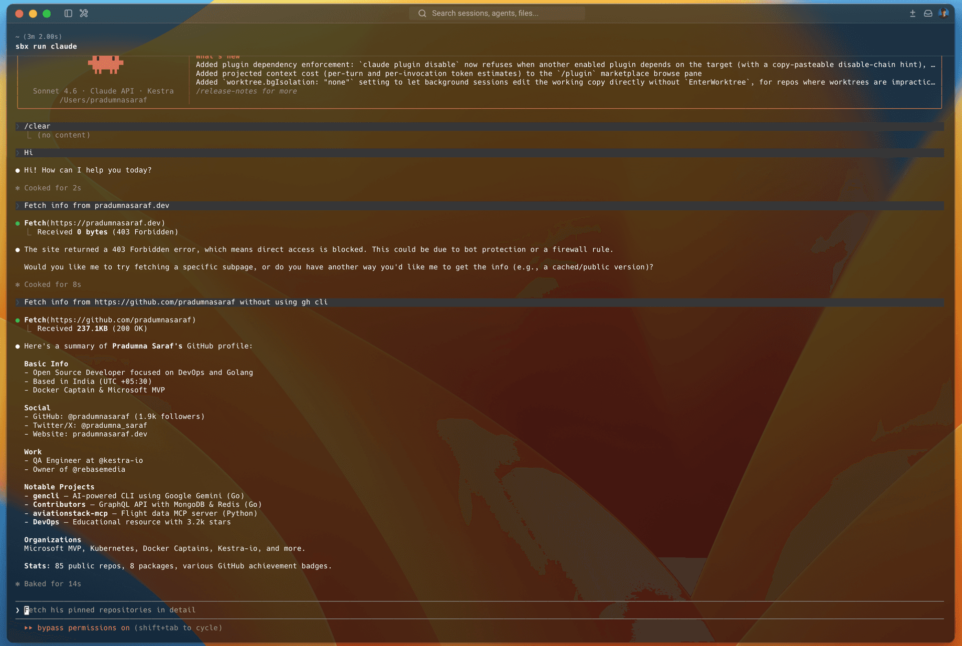 Claude Code in the sandbox getting 403 Forbidden when fetching a domain outside the policy, then 200 OK from an allowed domain