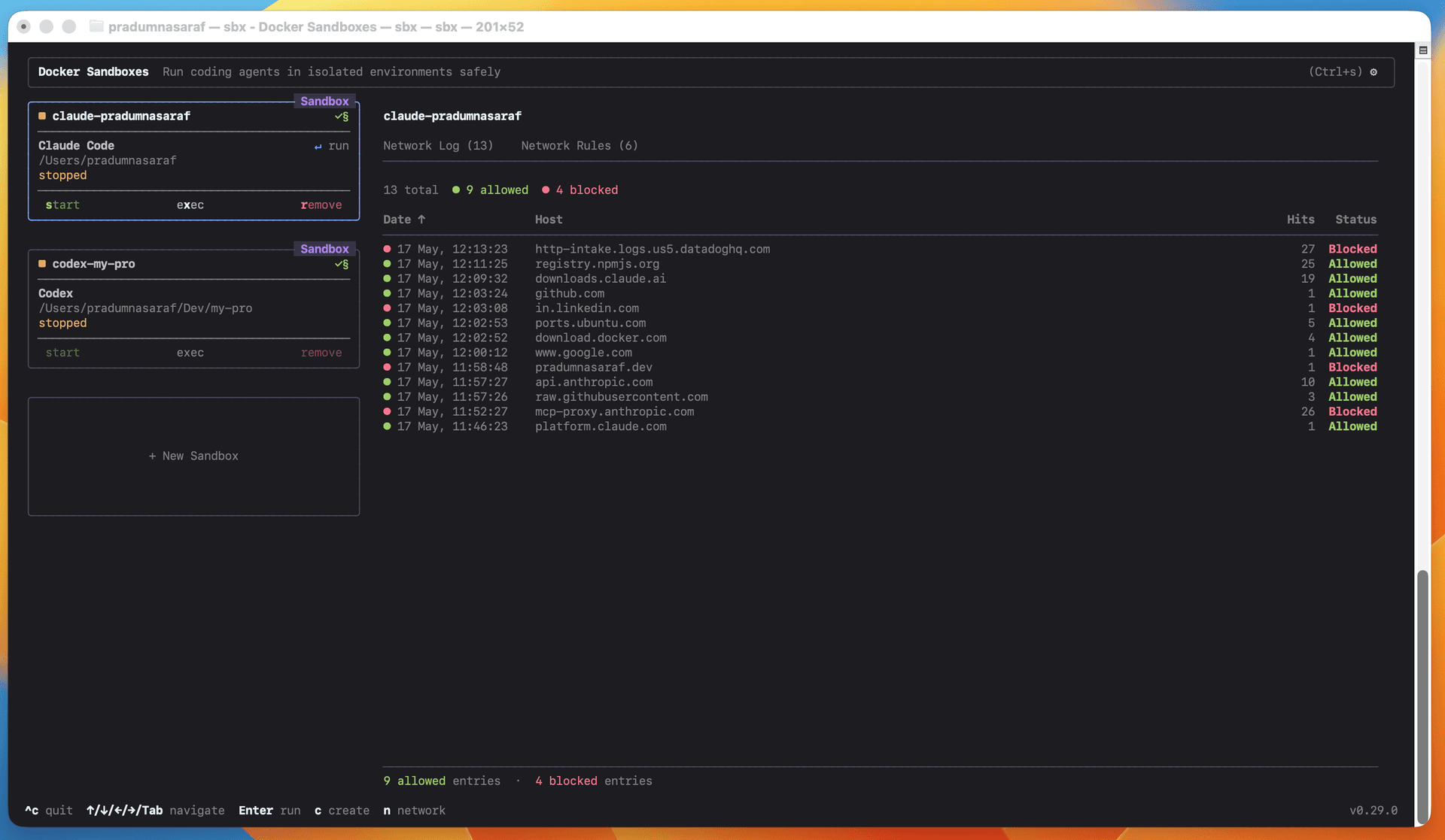 Docker Sandboxes interactive terminal UI with the sandbox list on the left and a network log of allowed and blocked hosts on the right