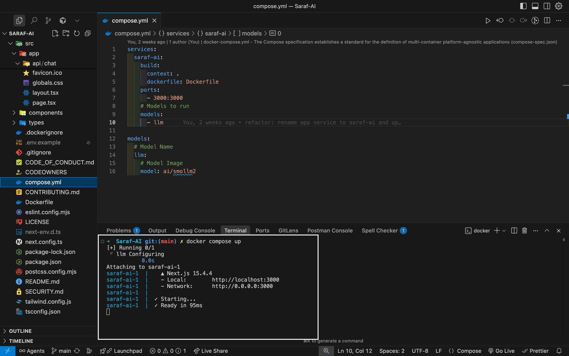 Editor showing a compose.yml with a models block, and the terminal running docker compose up until the app is ready
