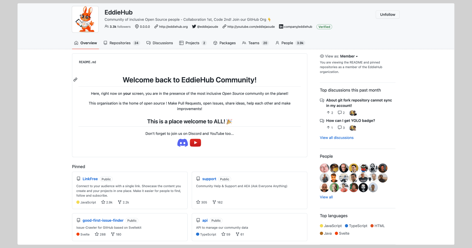 GitHub organization profile for the EddieHub community, showing its welcome README and pinned repositories