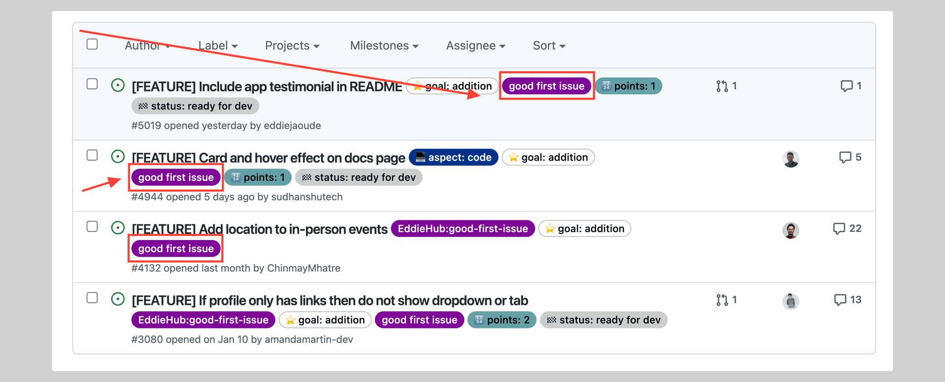 GitHub issue list with the good first issue label highlighted on several entries