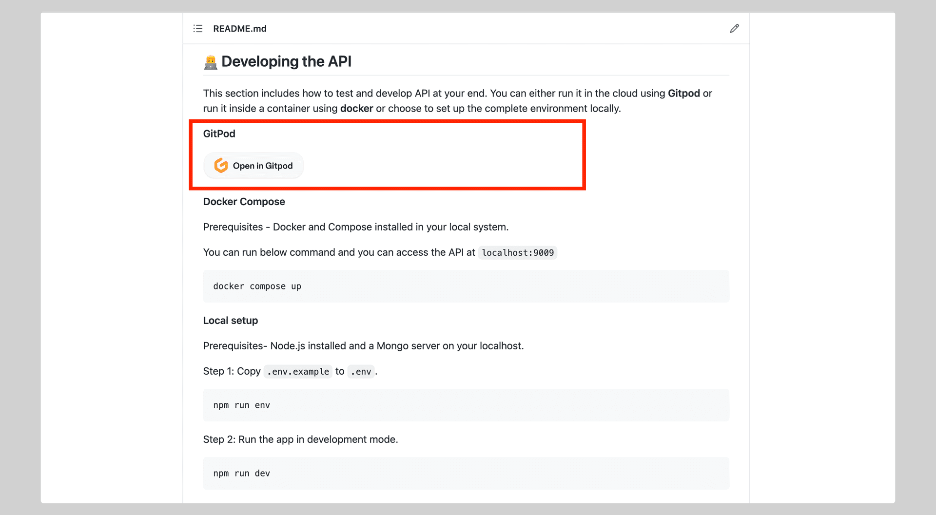Project README section on developing the API, with the Open in Gitpod button highlighted above the Docker Compose and local setup instructions