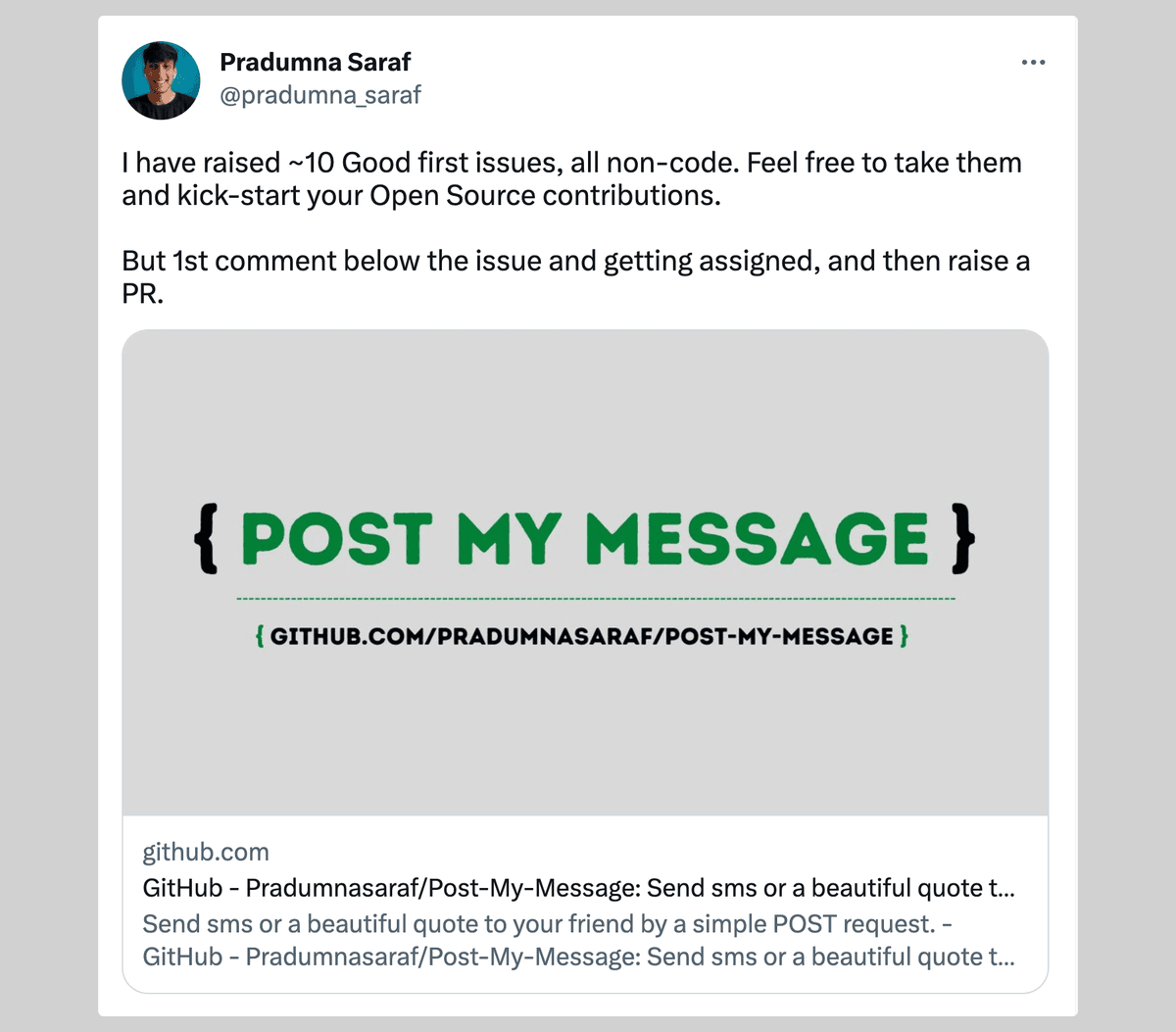 Social media post announcing around ten non-code good first issues and explaining how to claim one