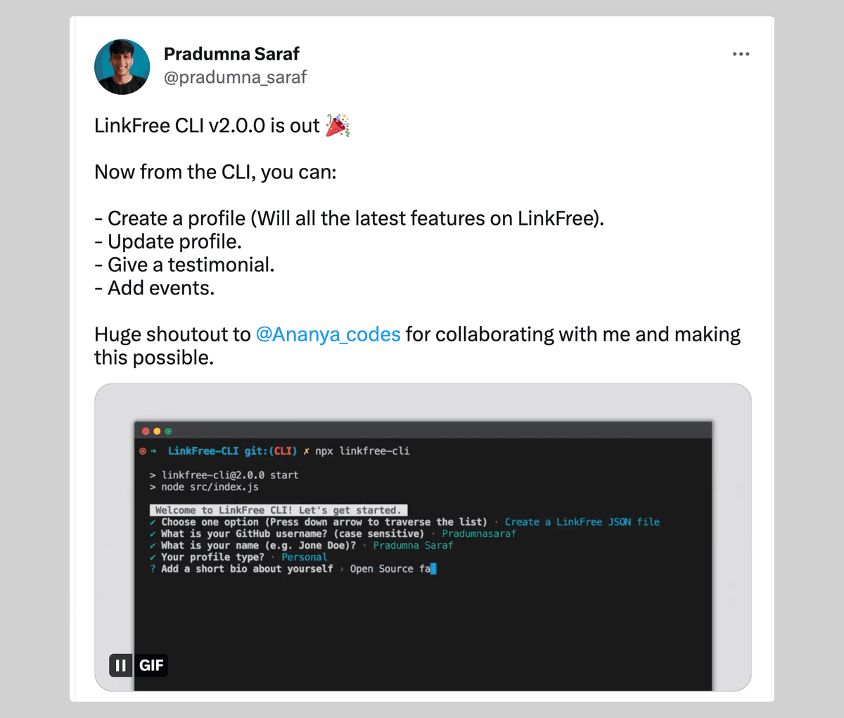 Social media post announcing LinkFree CLI v2.0.0, listing the new features and crediting a collaborator
