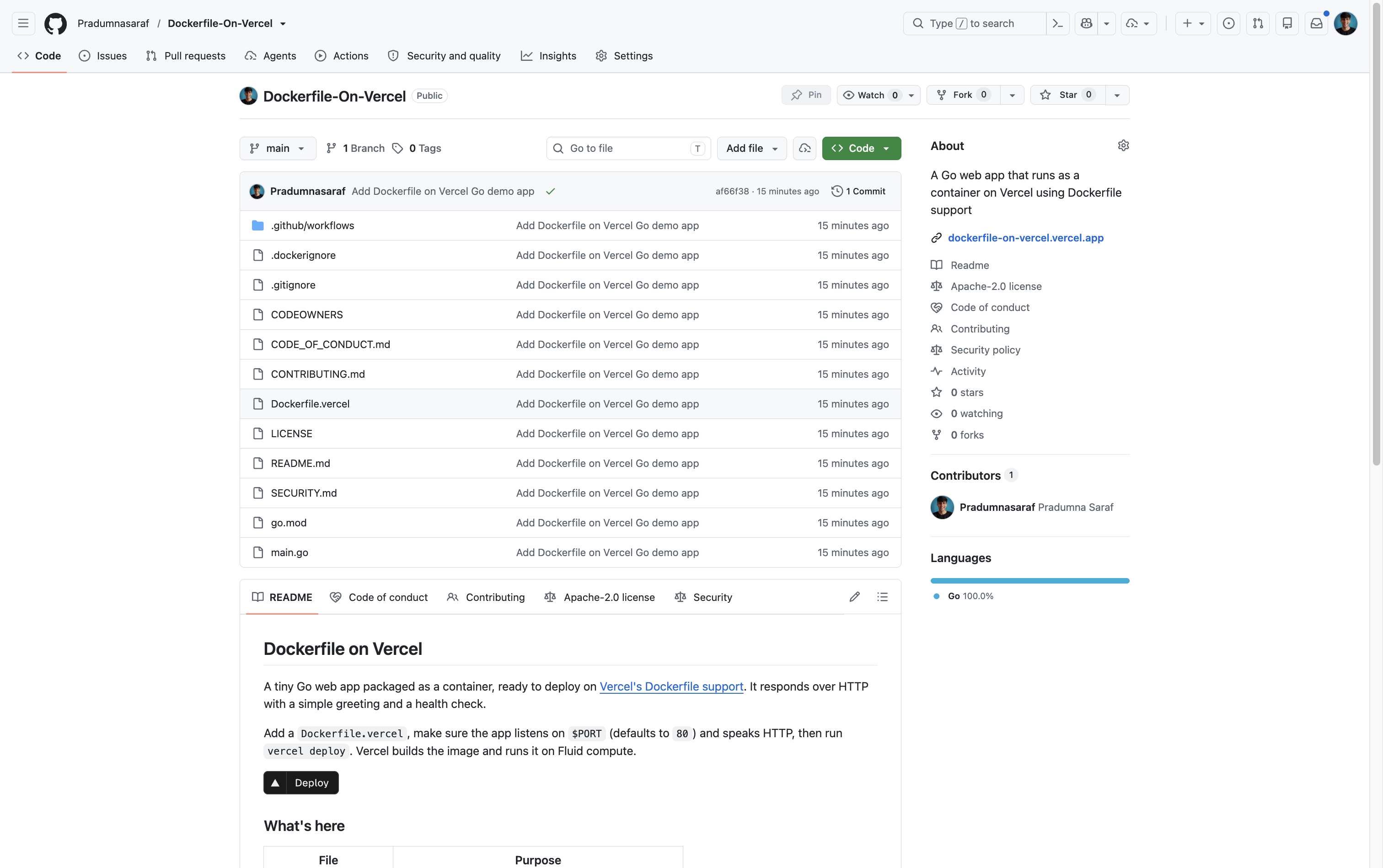 The Dockerfile-On-Vercel repository on GitHub, showing main.go, Dockerfile.vercel, and go.mod