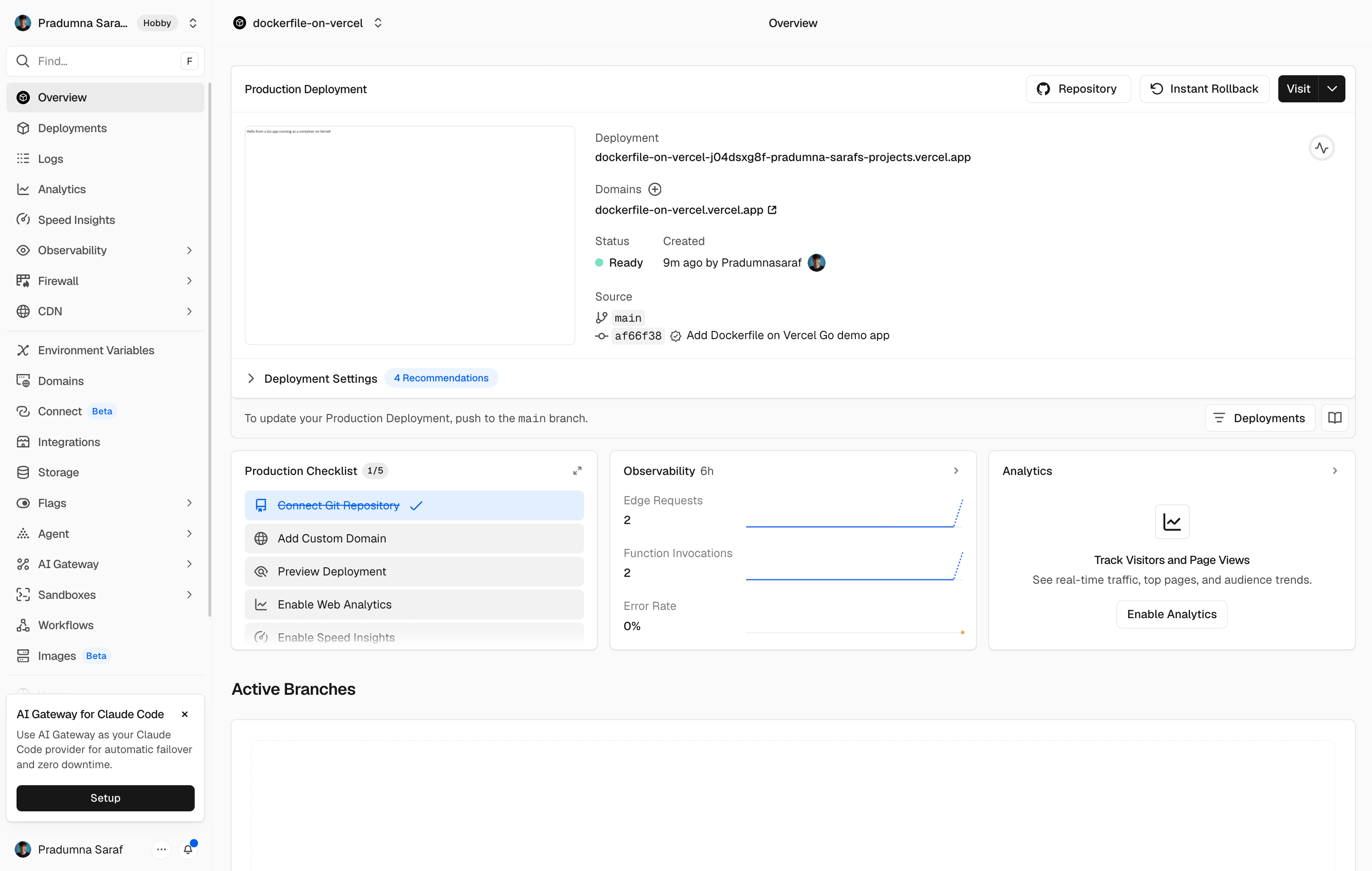 The Vercel project dashboard showing the deployment domain, source, and a Ready status