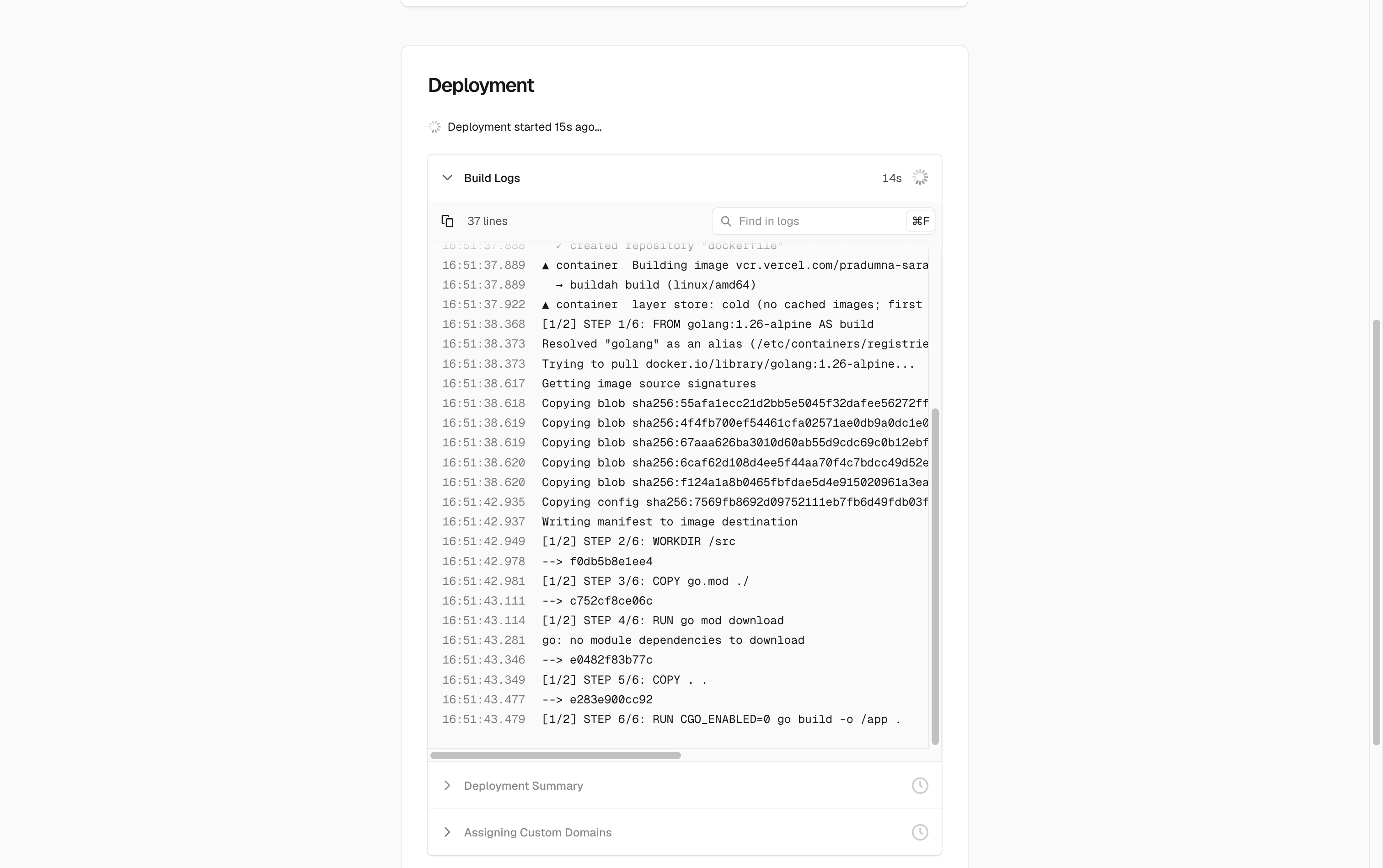 Vercel build logs streaming the Docker image build step by step